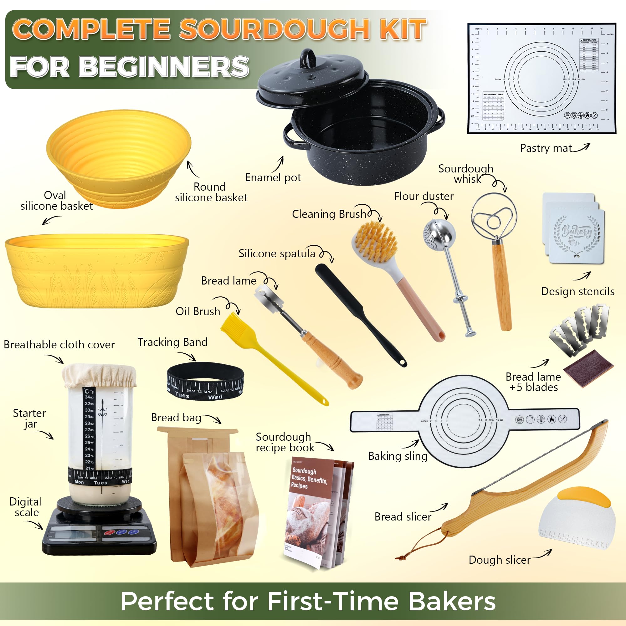 Starter kit per principianti, barattolo da 963,9 g con marcatura graduata, 2 cestini in silicone, kit completo per la cottura del pane con guida e ricette, facile da usare e pulire, giallo