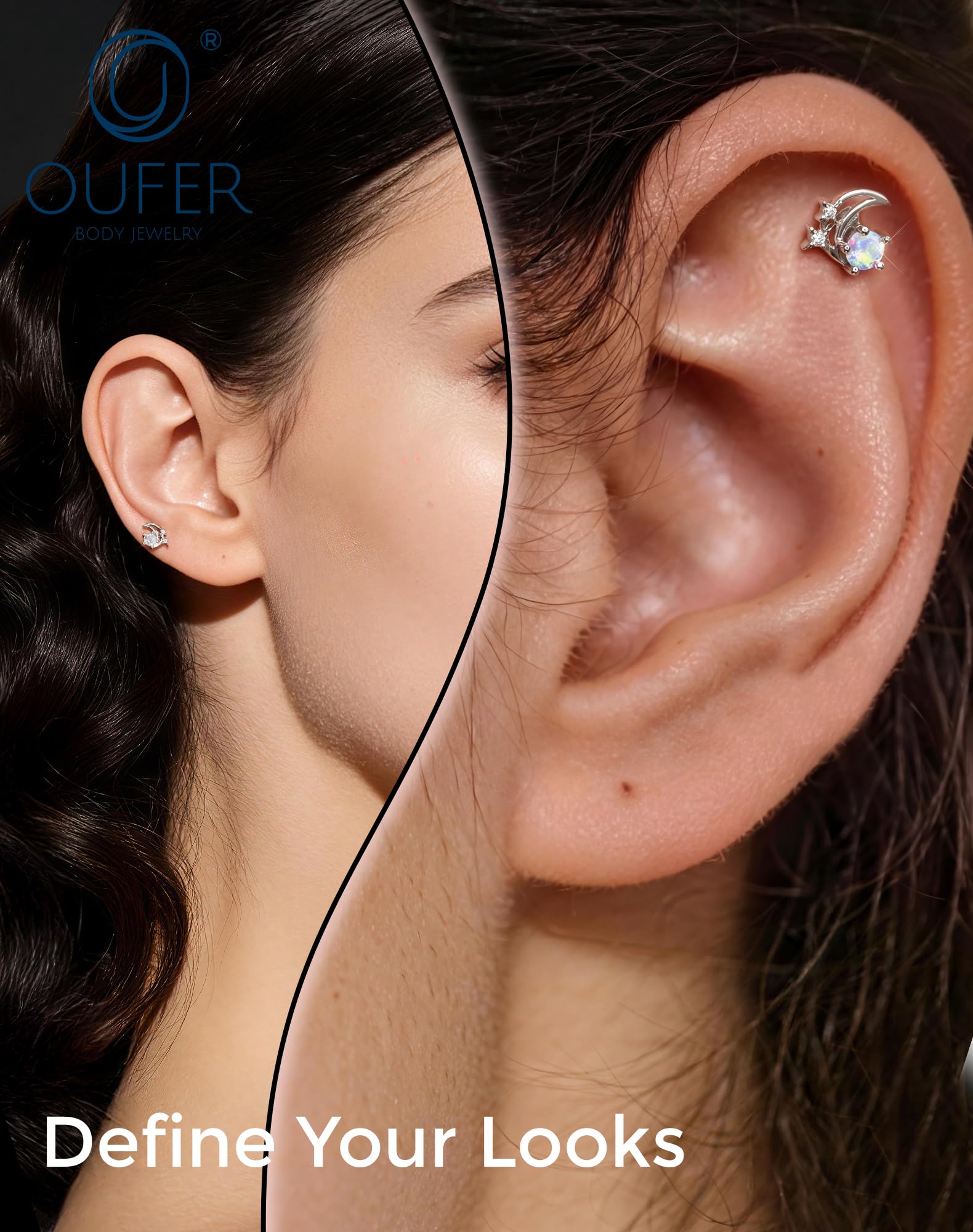 OUFER 18G Helix Piercing Gioielli Argento Sterling 925 Piercing Naso 6mm Luna Stella per Conch Tragus Stud Orecchini Cartilagine Labret Argento Oro per Donna