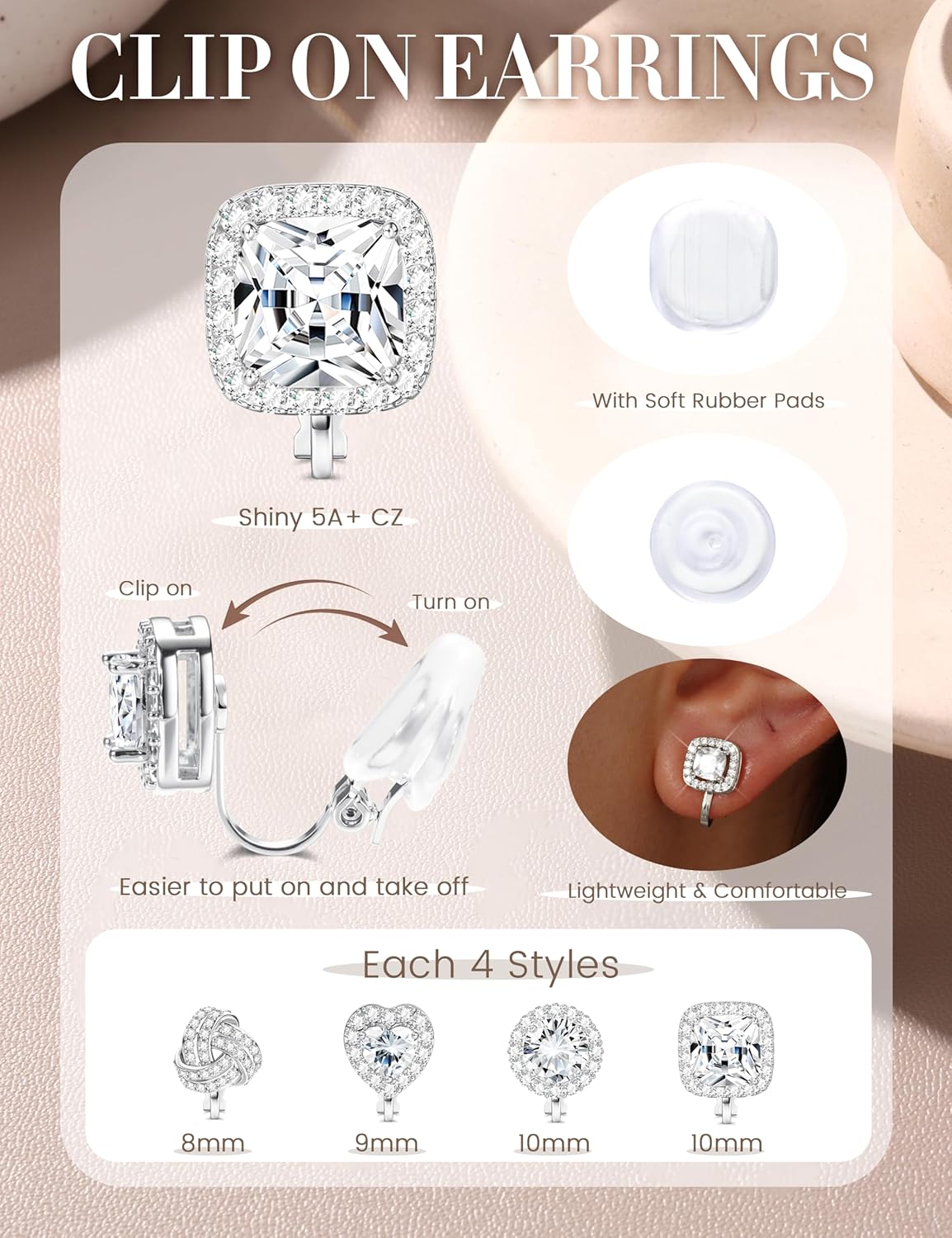 BESTEEL Clip on Earrings Women - Hypoallergenic Non Pierced Earrings Small Cubic Zirconia Flower Heart Square Twist Knot Fake Earring Set Wedding Dance Gift - Image 2