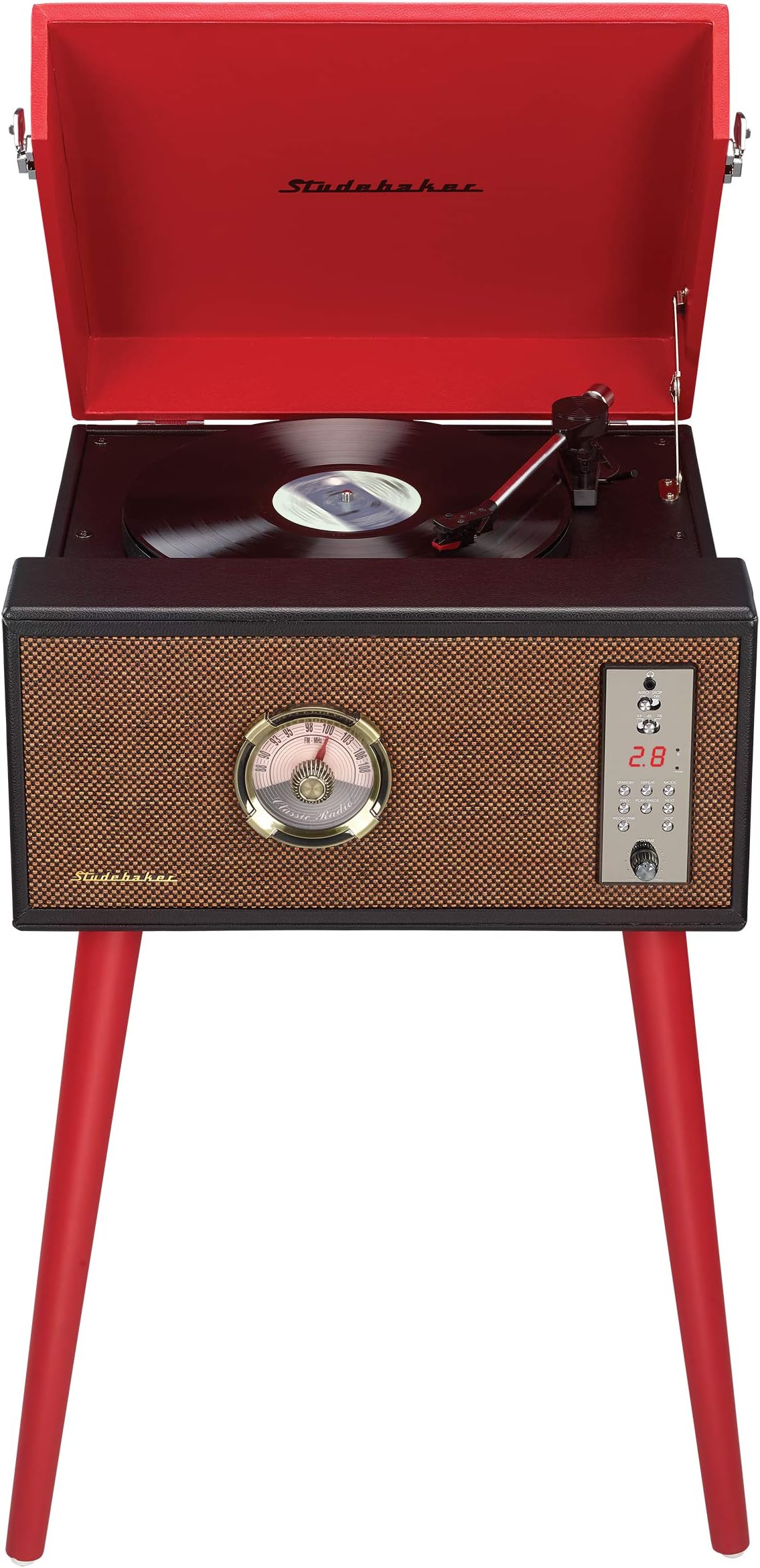 Studebaker Floor Stand Turntable, Bluetooth Receiver, CD Player, FM Radio, Wood Cabinet, 3W RMS Speakers x 2 (Red)