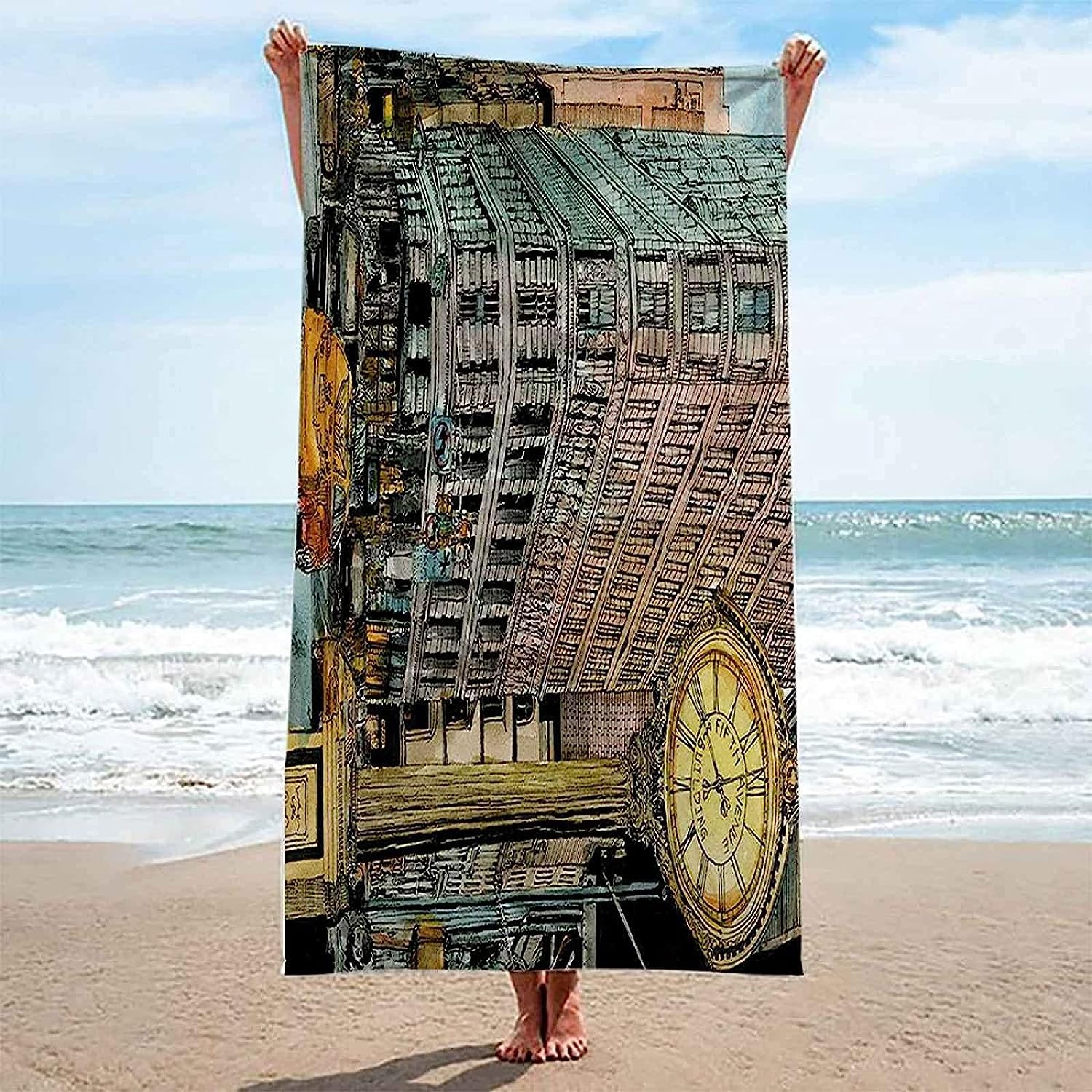 Strandtücher 3D Retro-Stadt XXL 150 X 200 cm Mikrofaser Strandtuch Handtücher Sandfreies Badetuch,Tragbar Duschtuch Saunatuch,Badehandtuch Schnelltrocknend Stranddecke Für Strand Schwimmen -0L5W