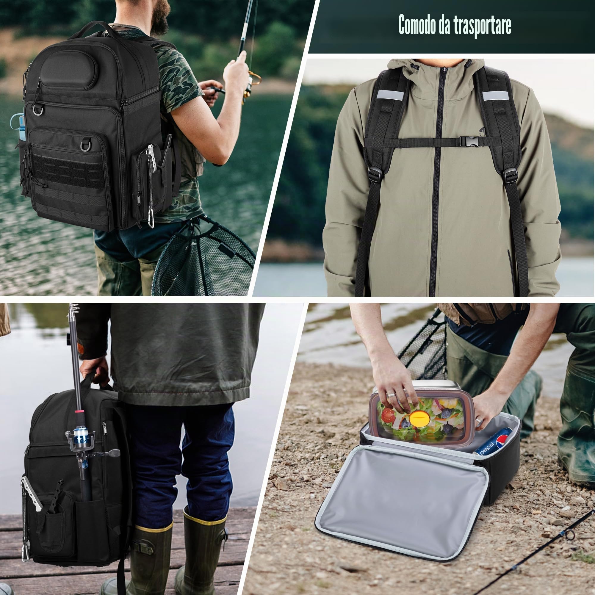 Rexmica Mochila de Pesca para 2 Cañas y Carretes, Bolsa para Cañas, Nero | con Compartimentos para Cajas de Aparejos, Ideal para Pesca, Senderismo, Camping y Trekking (Solo Bolsa)