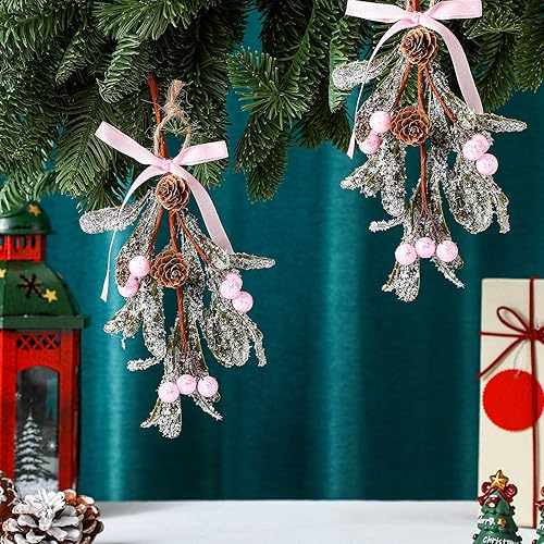 Miniatura 4 de Giegxin 2 piezas de adorno artificial de muérdago con lazo rojo para colgar en Navidad, ramo de decoración de muérdago floral, conos de pino