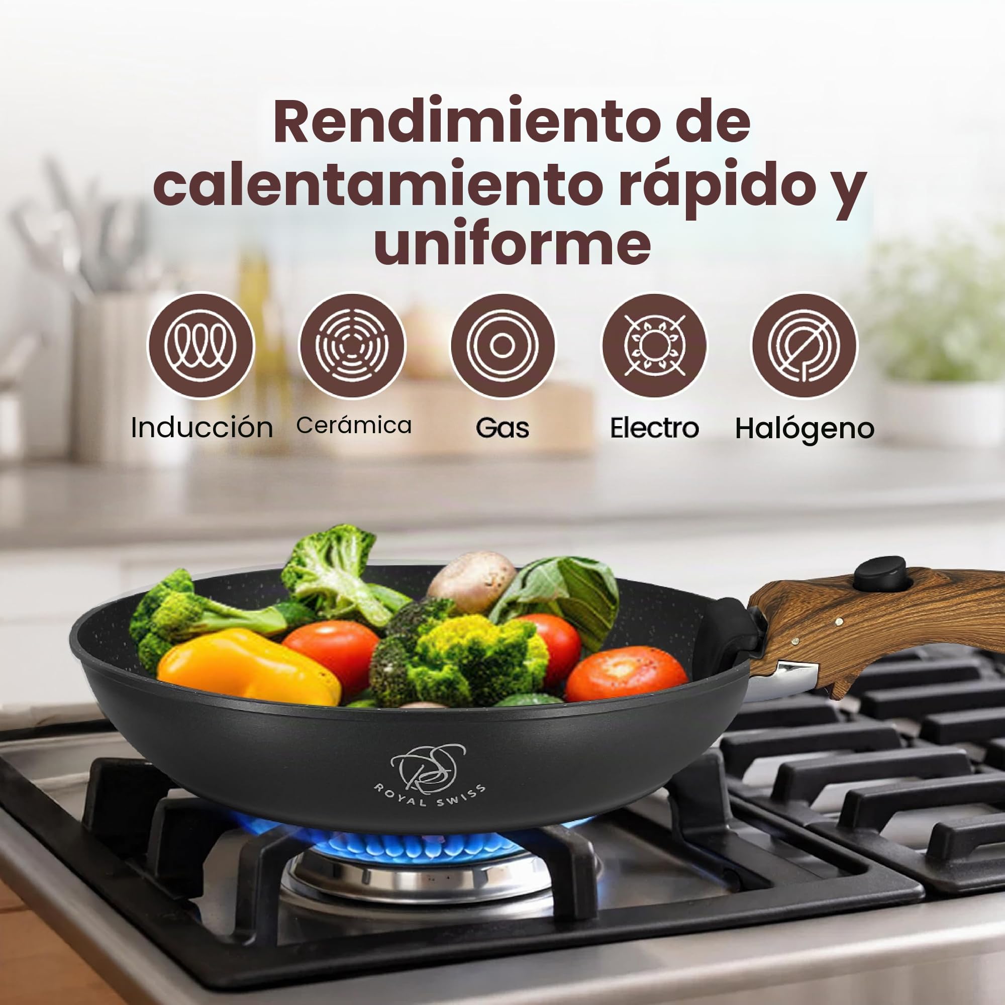 Royal Swiss® Set de ollas, 4 piezas, mango desmontable, revestimiento de mármol, inducción, sin PFAS, para todo tipo de fuentes de calor, negro (negro, 4)