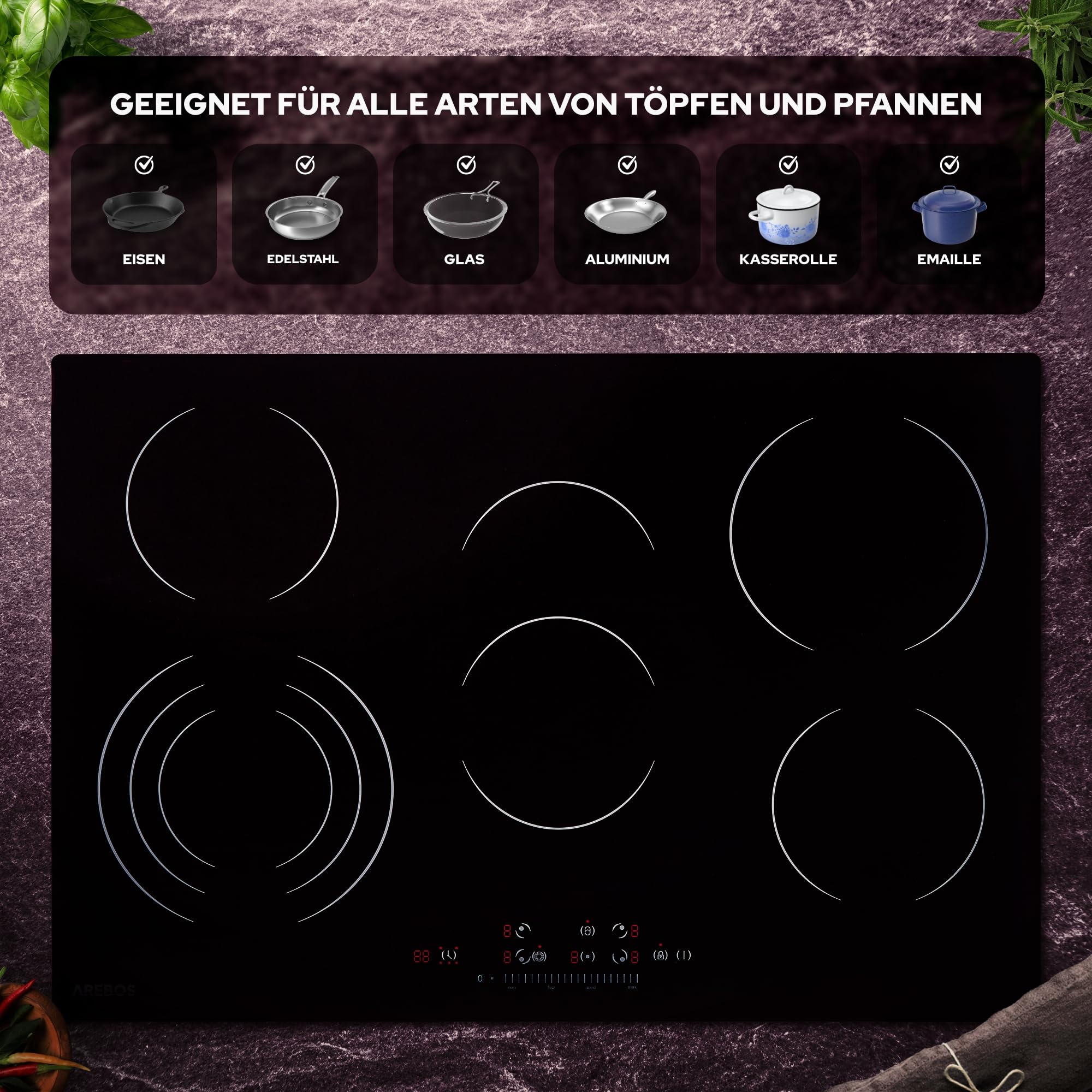 Arebos Glaskeramikkochfeld | 8700 W | 5 Kochfelder | 77 cm | autark | inkl. Dreiringzone und Bräterzone | mit Sensor Touch | Kindersicherung | Überhitzungsschutz | Autoabschaltung