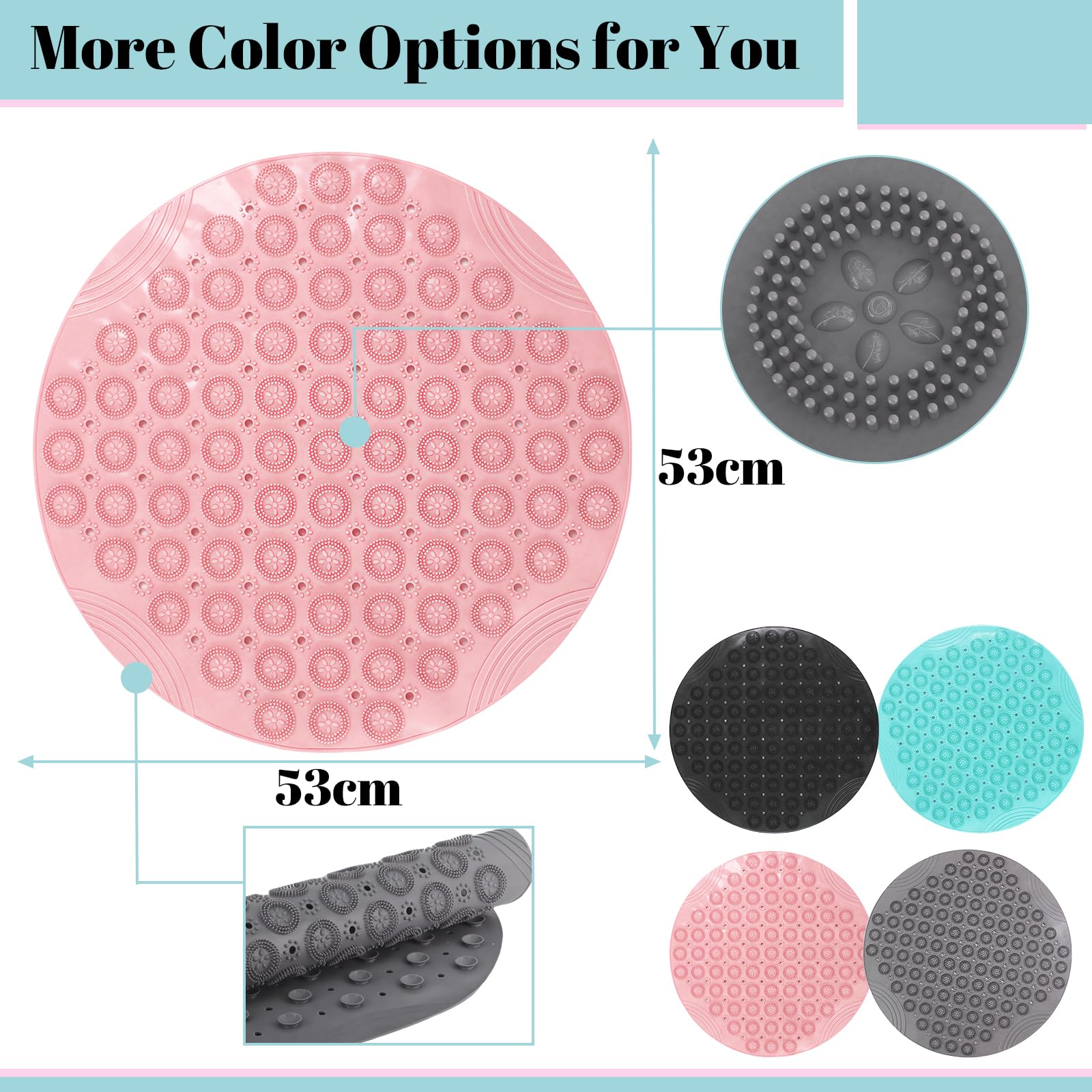 Shower Bath Mat 53x53cm,Extra Round Shower Mat Anti Mould Bath Mats Pink,Non Slip Bath Mat for Tub,Shower Mats with Suction Cups,Drain Holes,Machine Washable Bathroom Bathtub for Kids,Elderly - Image 2