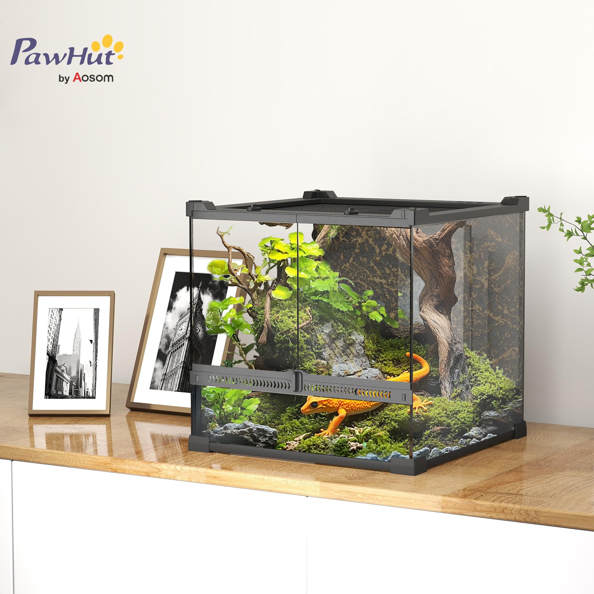PawHut Terrario para reptiles, terrario de cristal, 24 l, caja de alimentación con ventilación frontal, pared trasera de piedra, cierre a prueba de roturas, caja de cultivo de reptiles para anfibios