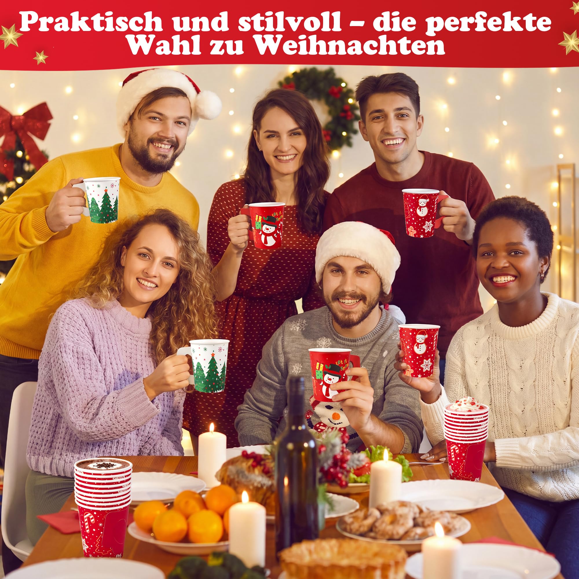 Aodaer 200 Stück 8oz Weihnachts-Pappbecher mit Henkel