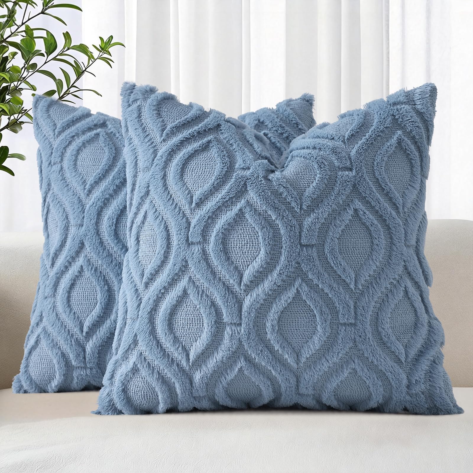 decorUhome Faux Fur Soft Dusty Blue Throw Pillow Covers 18x18 Set of 2