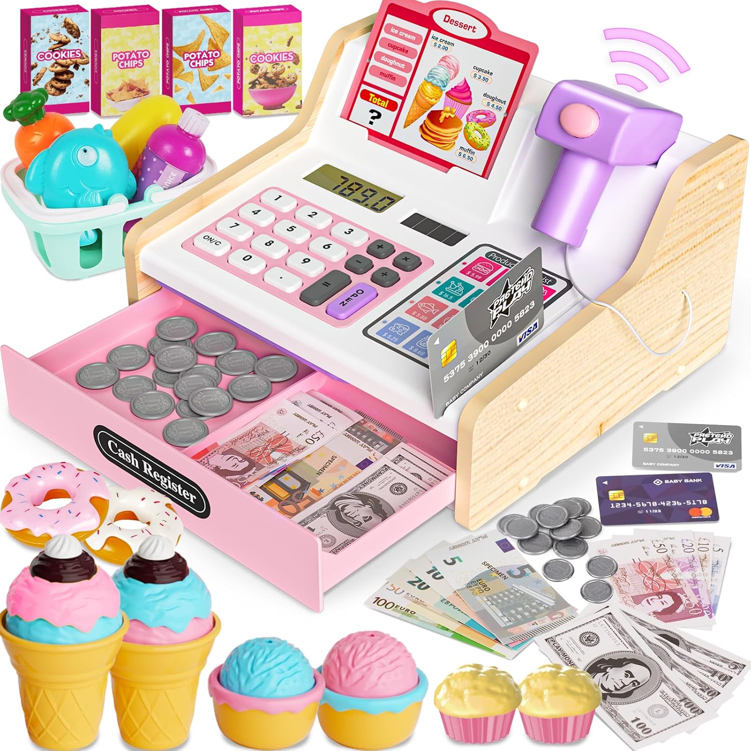 Wooden Cash Register for Kids, Rechargeable Kids Cash Register with Scanner, Pretend Play Cash Register Toy with Fake Money, Food, Credit Card, Toddler Boys Girls Age 2-4 4-8, Pink