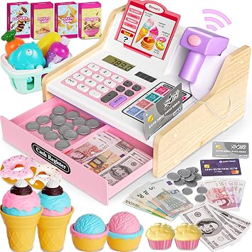 2027 Wooden Cash Register for Kids, Cash Register with Scanner | Rechargeable Pretend Play Kids Cash Register Toy with Fake Money, Food, Credit Card, Kid Boys Girls Age 3-6 4-8, Pink