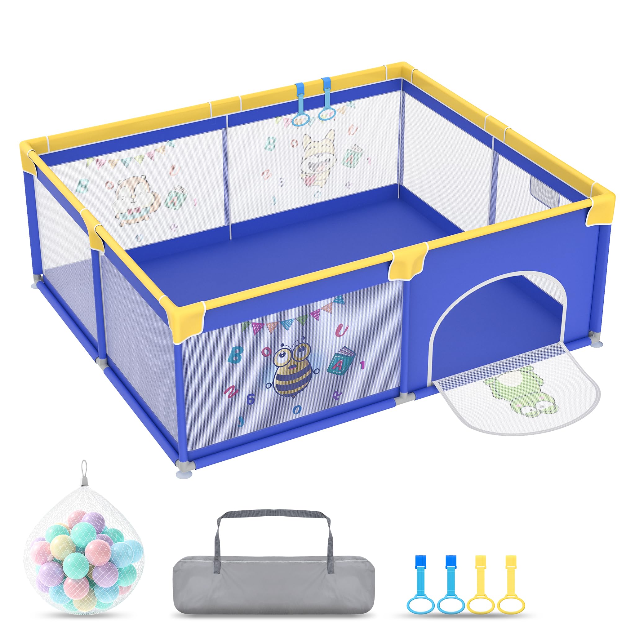 Froadp Kojec dla niemowląt Playpen, kojec dla dzieci z drzwiami, bezpieczny plac zabaw Oxford, kratka ochronna, z torbą do przenoszenia, piłkami i 4 pierścieniami do ciągnięcia (150 x 180 x 68 cm,