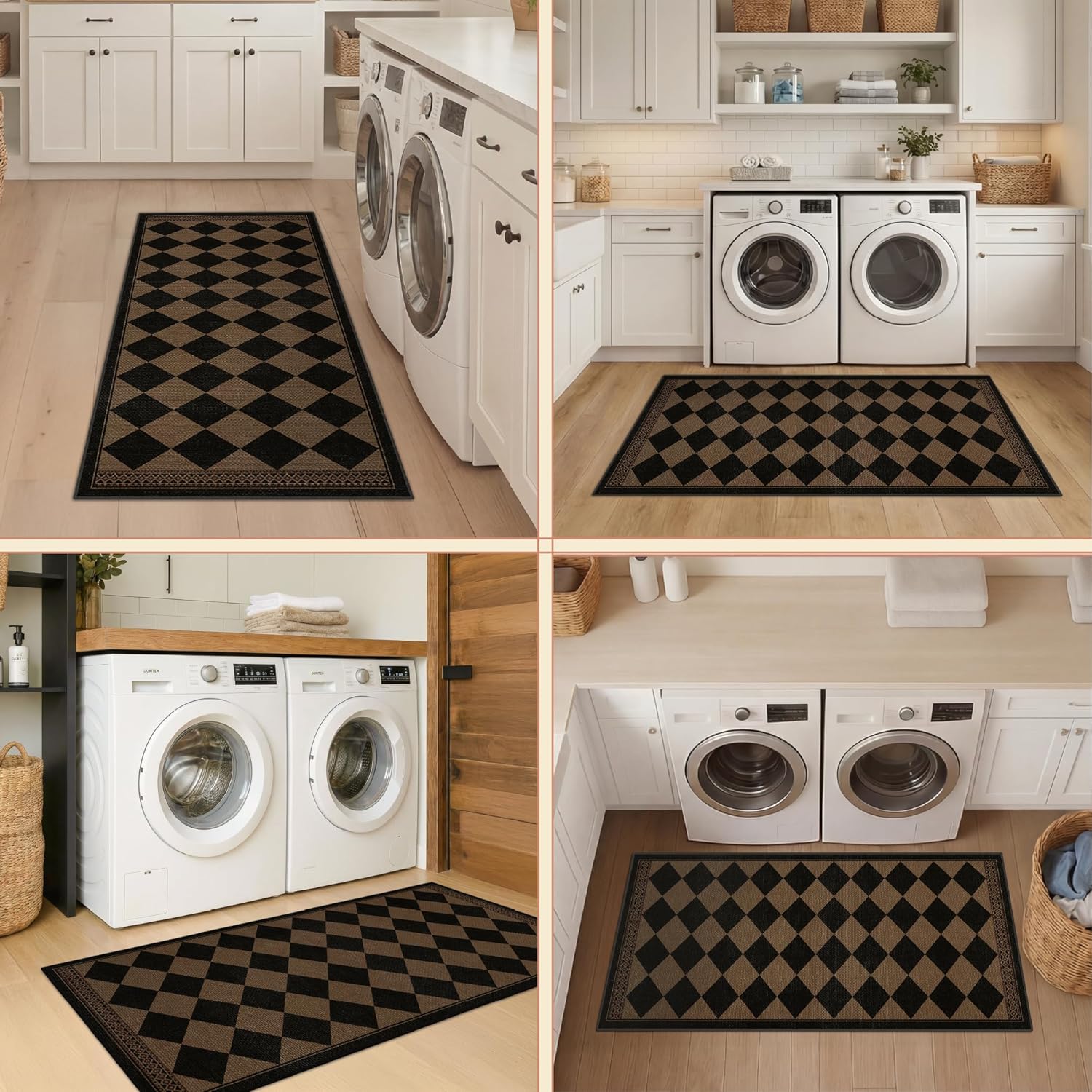 Brown and Black Easy Jute Runner Rug 2x5 for Laundry Room, Non Skid Washable Checkered Entryway Runner Rug, Boho Low Pile Diamond Carpet for Kitchen, Bathroom, Scandinavian Minimalist Style