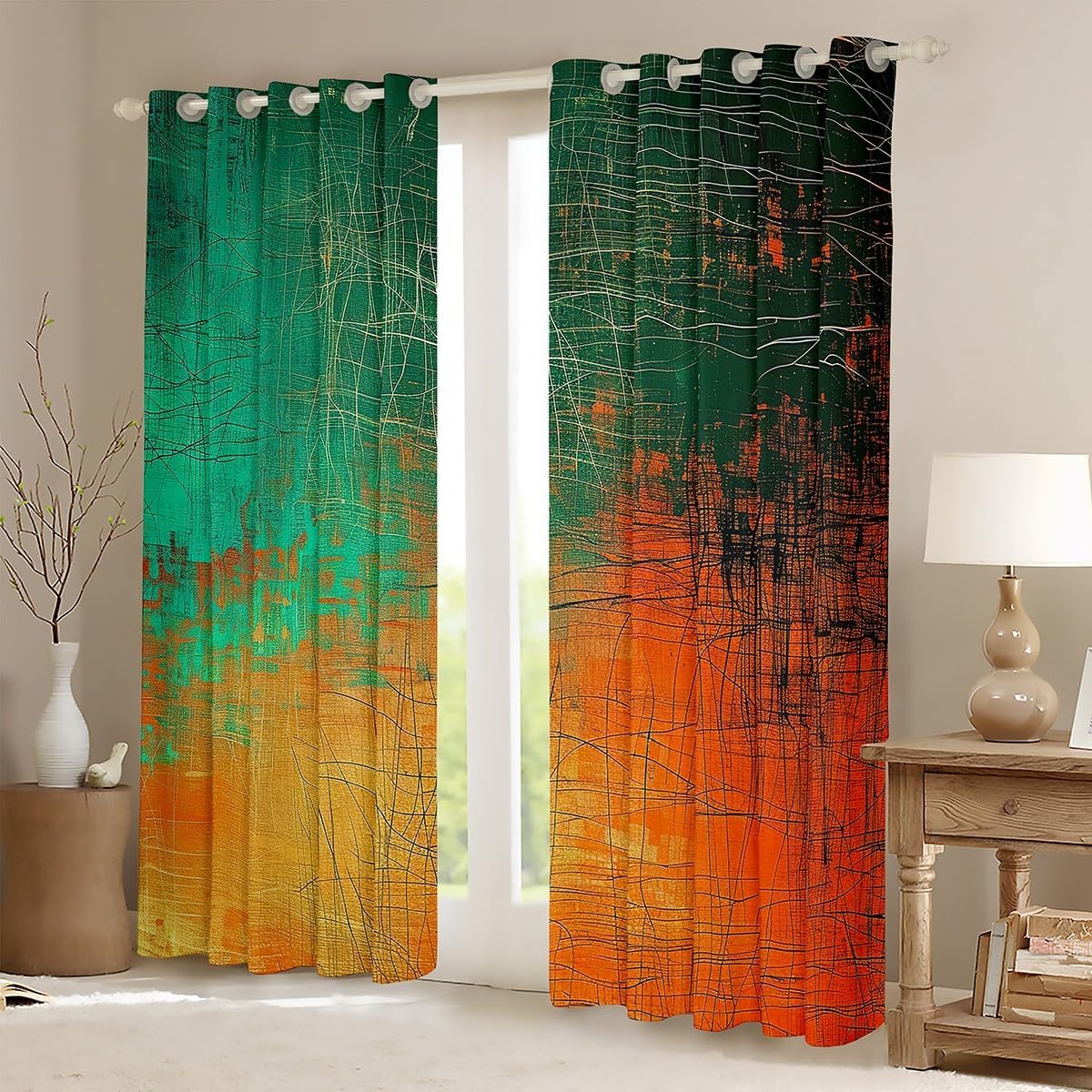 Grunge Abstract Art Curtain for Bedroom Living Room Teal and Orange Messy Rust Painting Drakening Drapes Women Men Modern Vintage Retro Blackout Curtains (30%-50% Darkening) (2 Panels, 52 x 63 Inch)
