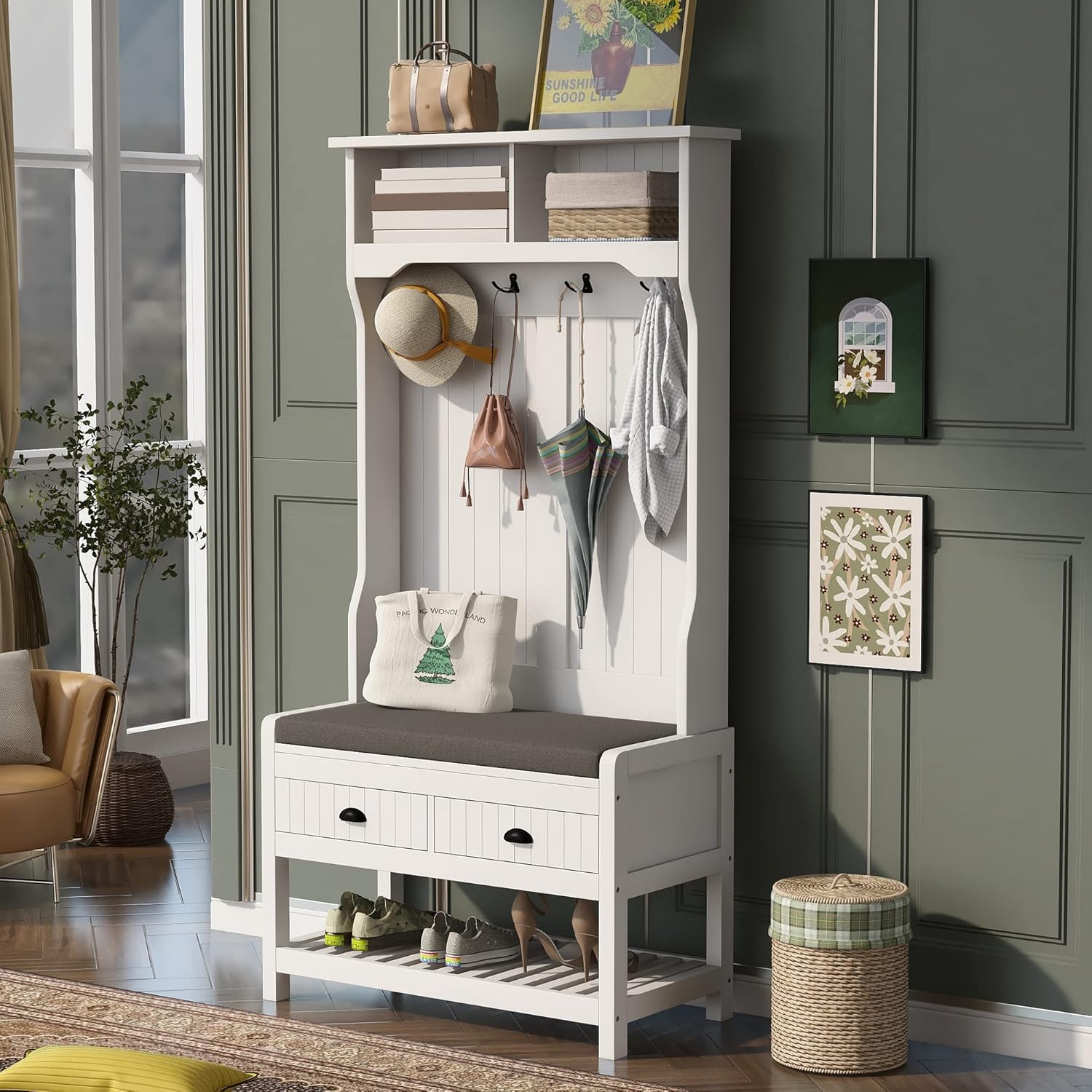 Merax Hall Tree with 4 Hooks and Hinged Lid, Coat Hanger, Entryway Bench, Storage Bench, 3-in-1 Design, for Entrance, Hallway (White, with Drawers) : Home & Kitchen