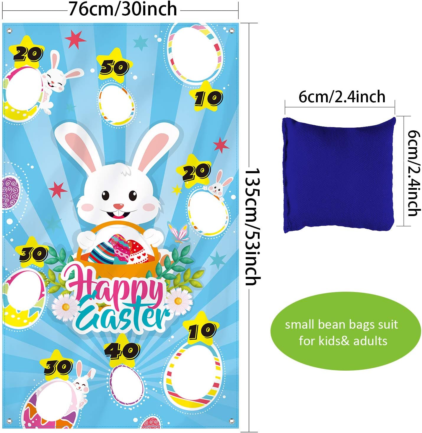 Easter Toss Game with 3 Bean Bags, Easter Bunny Party Game for Adults Party Supplies Decorations (Green Style)(Blue Games Banner)