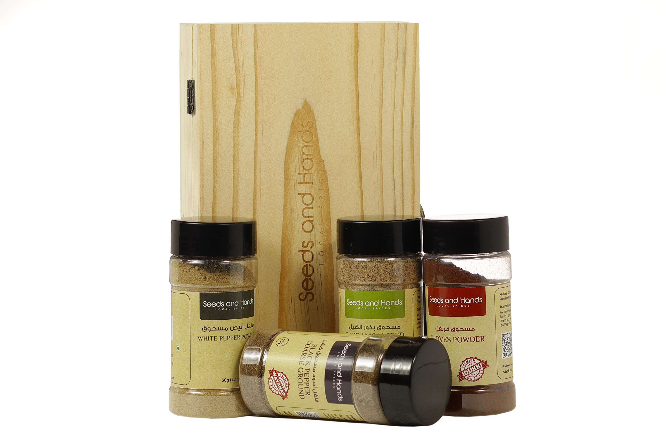 Seeds and HandsSpices Powder Eco-friendly Gift Box (Black Pepper Coarse Ground, Cardamom Seed Powder, Cloves Powder, White Pepper Powder)