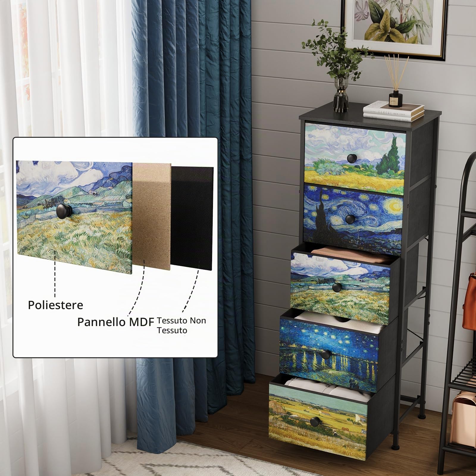 Cassettiera con cassetti in tessuto, stile Van-Gogh, sottile, per camera da letto, armadio, corridoio, soggiorno, cameretta (5 cassetti)
