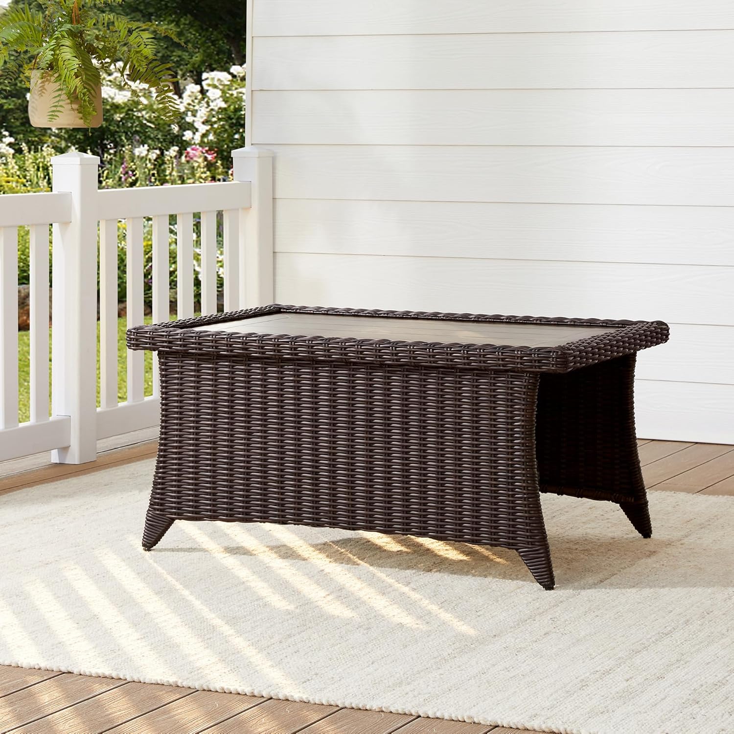CHITA Patio Wicker Coffee Table with Fully Wrapped Edges, Outdoor Rattan Rectangular Coffee Table for Backyard, Balcony, Apartment, or Porch