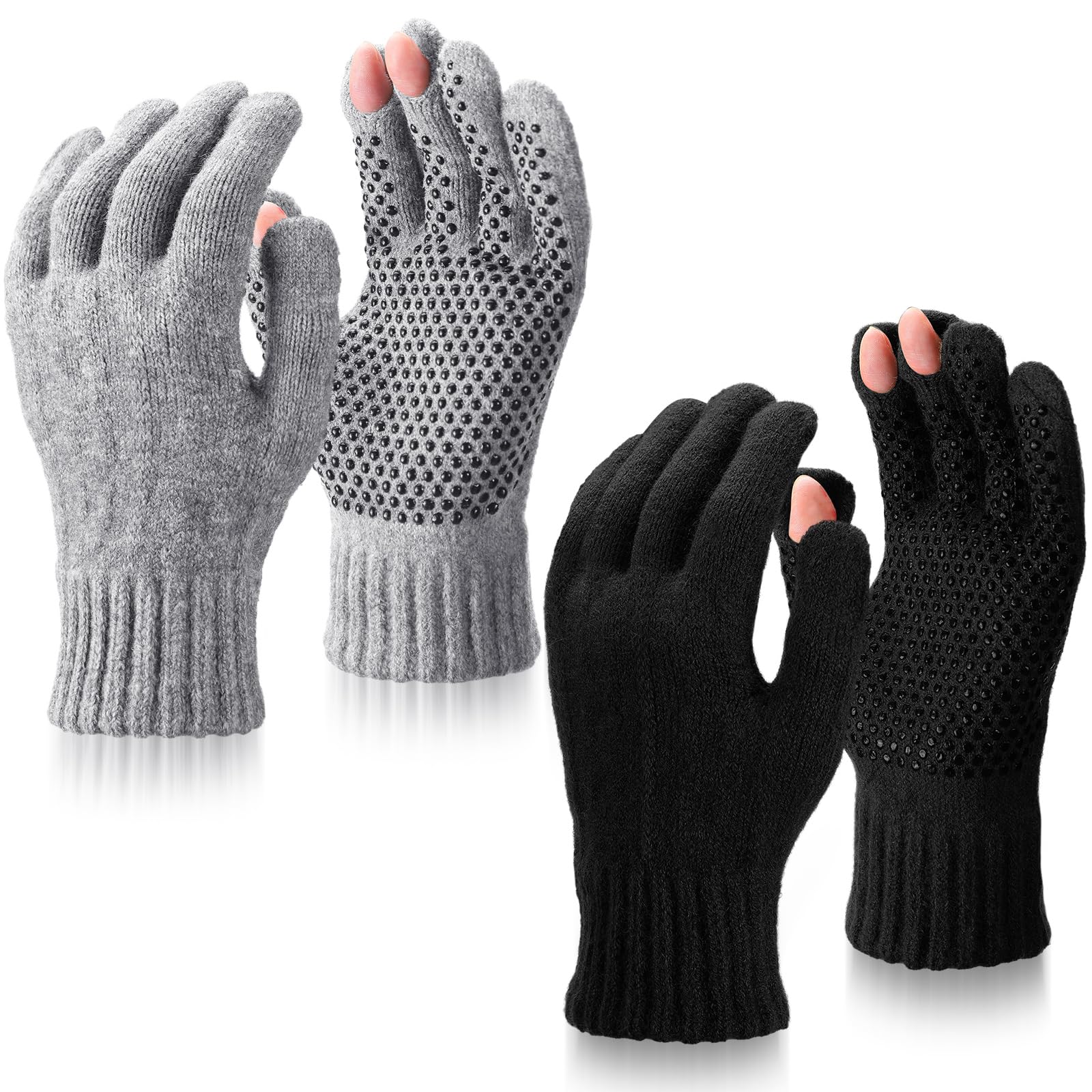 Geyoga 2 Pairs Wool Fingerless Fishing Gloves for Men Women Anti-Slip with Grip Dots Warm Winter Fly Ice Fishing Gloves