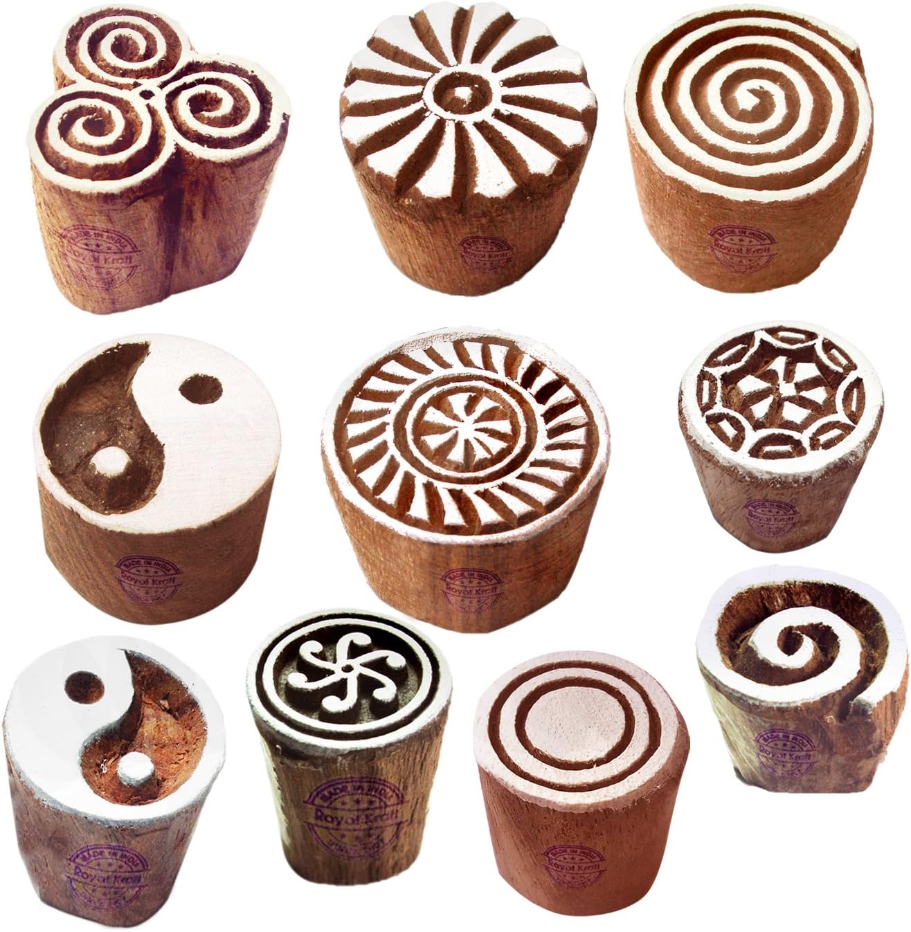 Royal Kraft Textile Wood Blocks Original Small Round Shape Printing Stamps (Set of 10)