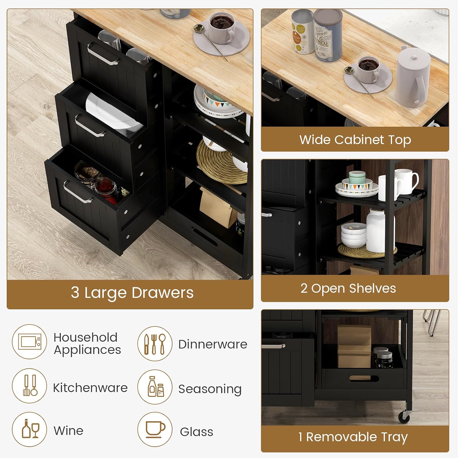 Kitchen Island with Storage, Kitchen Trolley on Wheels with Drawers & Open Shelves, Rolling Mobile Kitchen Island Cart for Dining Room Kitchen Living Room Bar Office (Black)