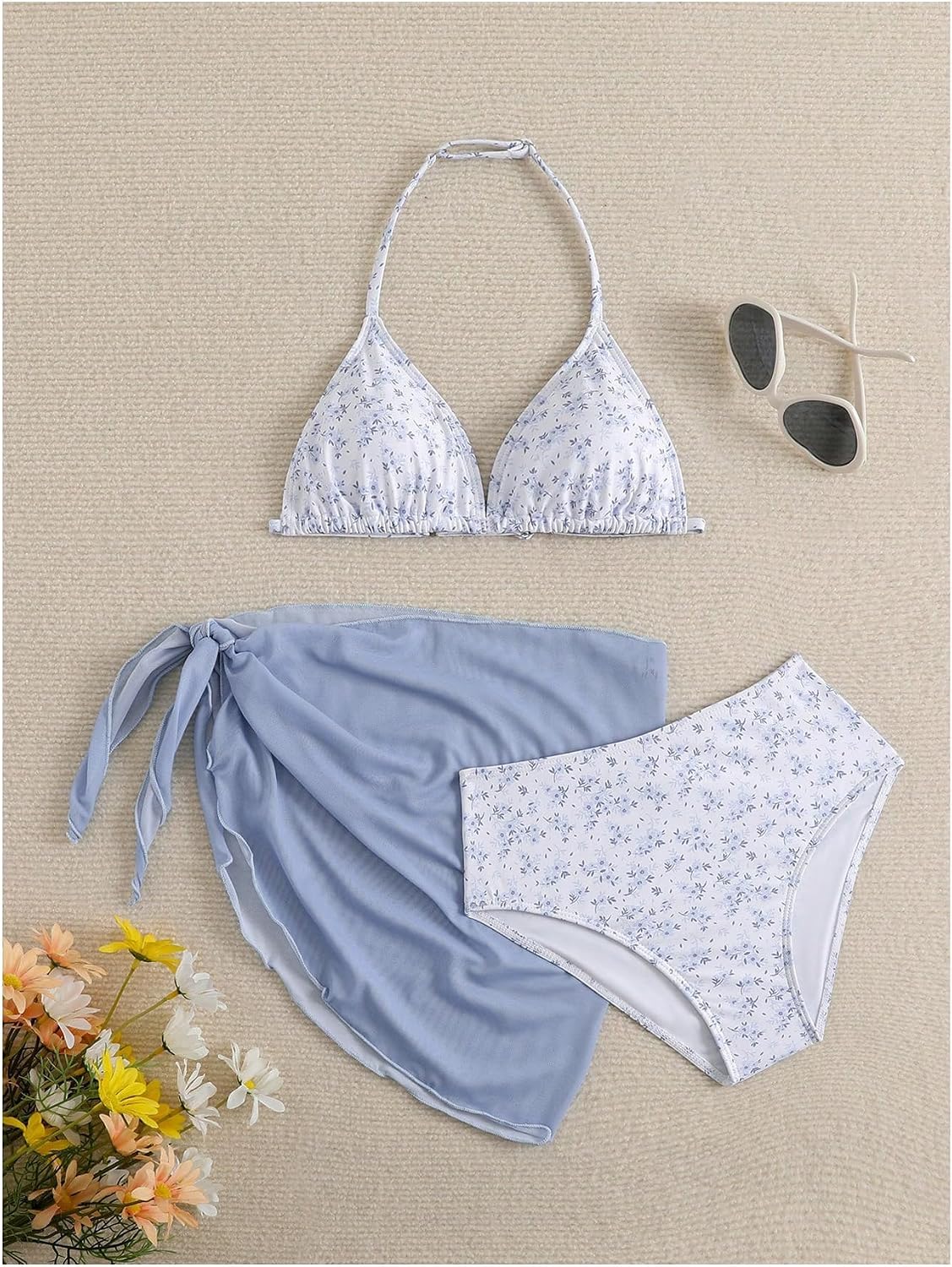 QJQ Girl's 3 Piece Cute Bikni Sets Disty Floral Halter Triangle High Waisted with Cover Up Skirts Summer Swimwear 2026