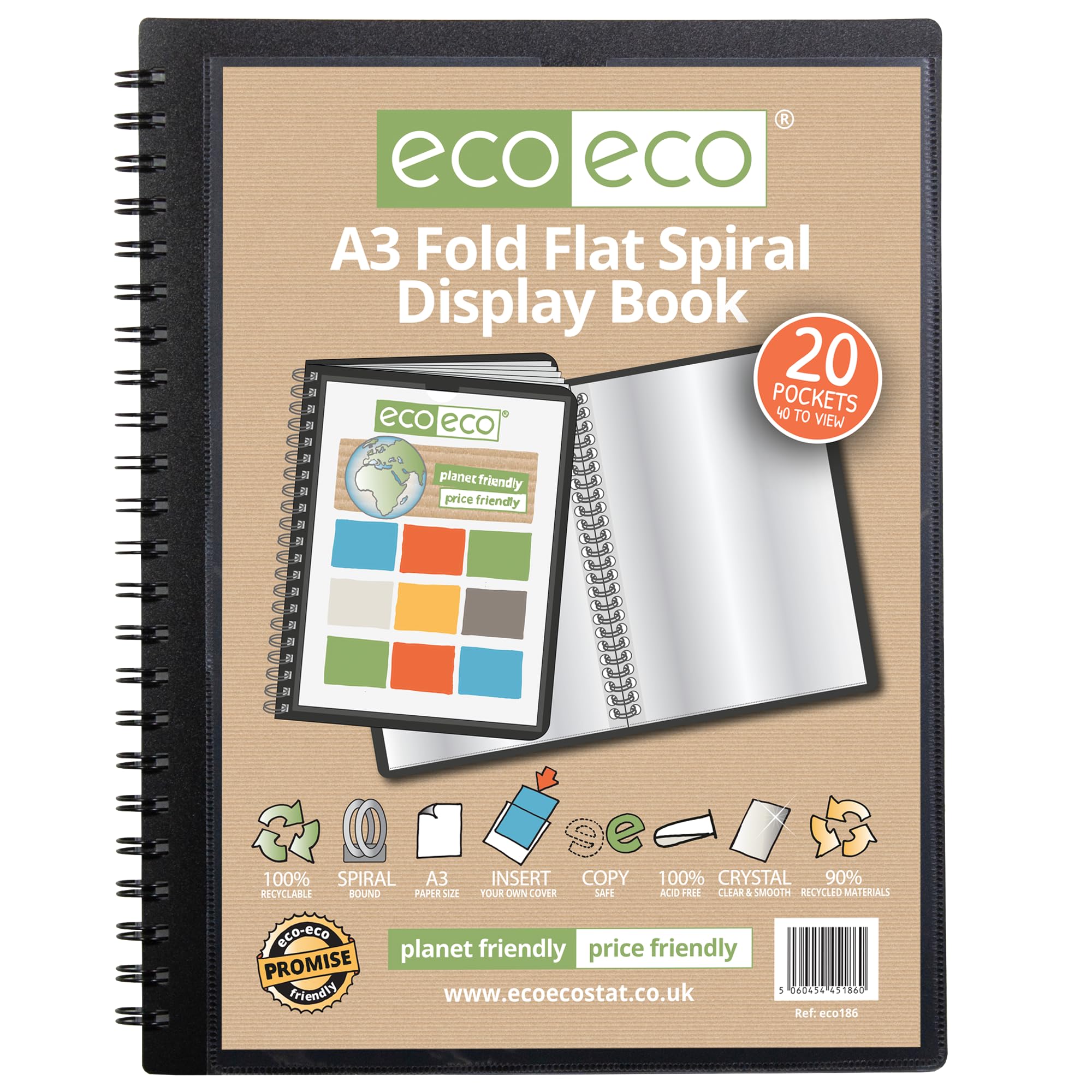 eco-eco A3 90% recycled 20 pocket Fold Flat Spiral Bound display book, eco186, Black