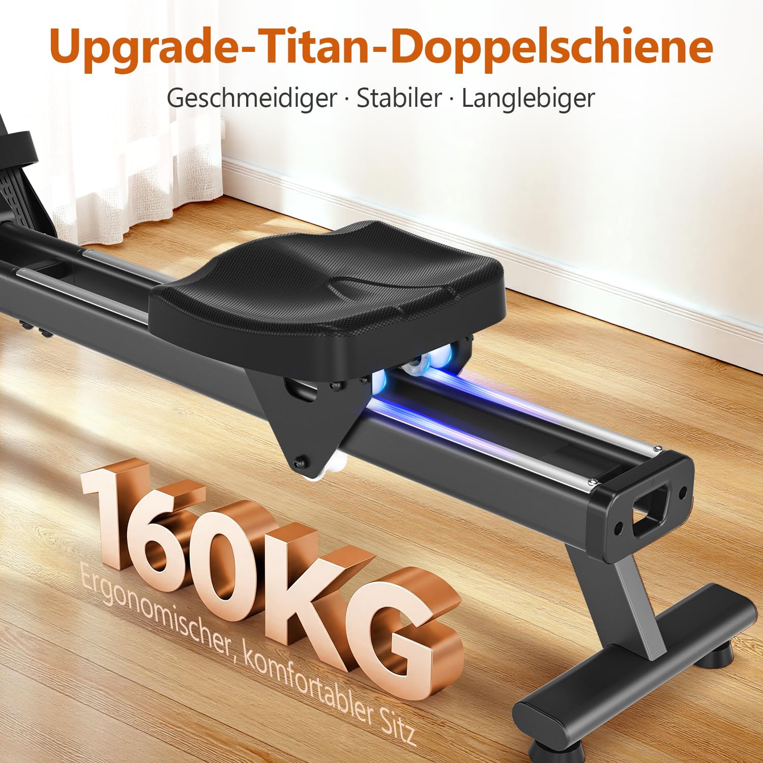Rudergerät für Zuhause, DMASUN Leises Magnetisches Rudergerät mit 16 Widerstandsstufen, Upgrade Doppel-Slide-Rails, APP-Verbindung, LCD-Datenanzeige, ideal für Cardio-Training, Belastbar bis 160kg