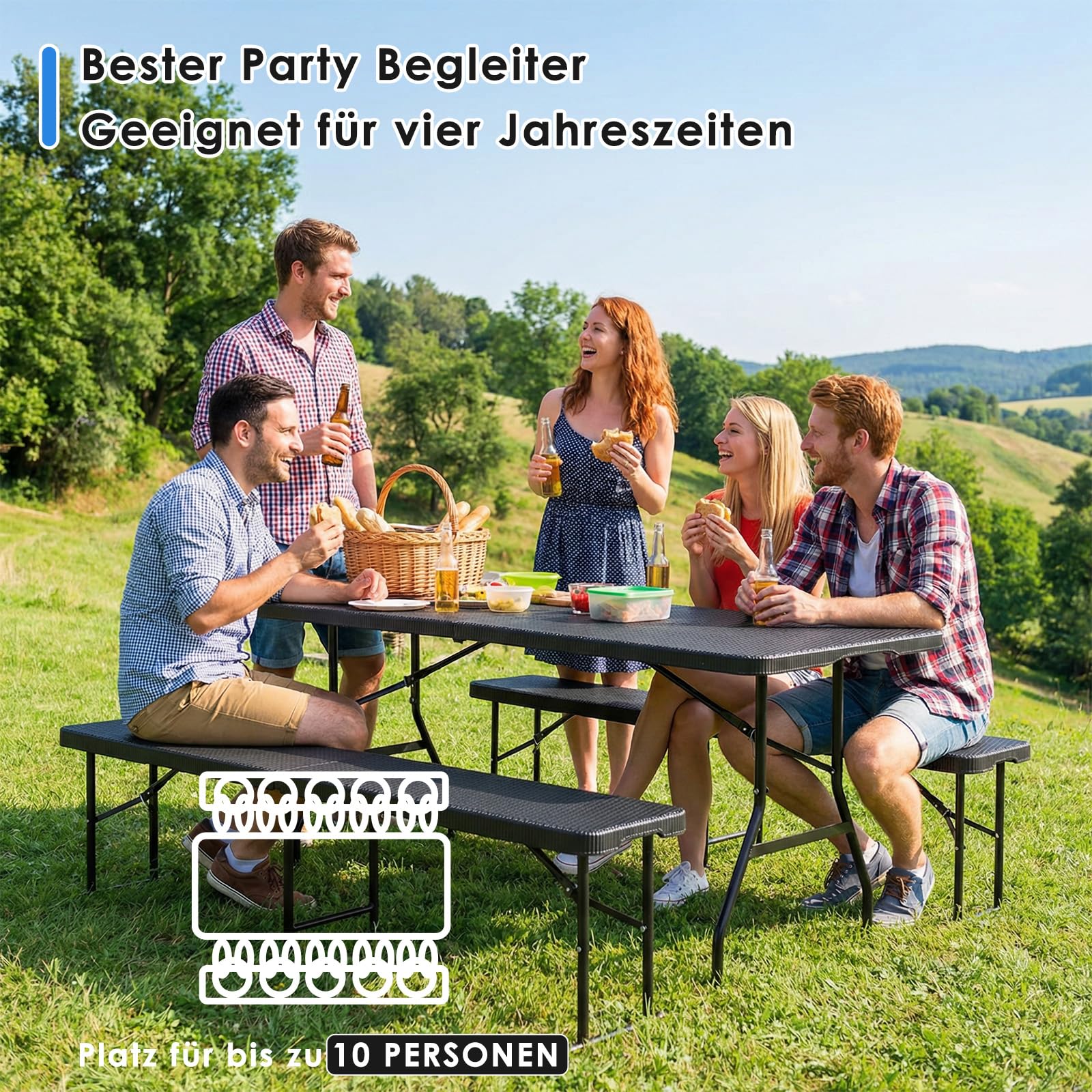 Ensemble Meubles de Jardin 180cm Inclure 1 Table Pliante et 2 pcs Bancs Pliable, Ensemble Table et Bancs de Jardin Plastique Imperméable HDPE,Table Camping pour Piquenique Réceptions, Rotin-Optique