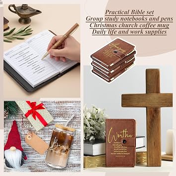 AmazingSpark 18 Pcs Fathers Day Christian Gift Bulk for Men Women 16 Oz Glass Cups with Lid Straw Bible Notebook Leather Prayer Journal with Pen Religious Gift for Church Member (Bible Words,Brown)