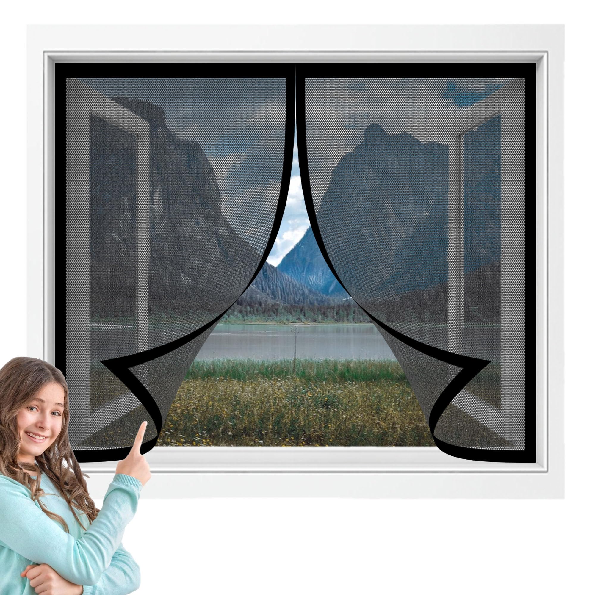 Magnetic Net Window 115 x 105 cm Prevents Insects Flies Mosquitoes from Entering The Room DIY Fly Screen for Windows Easy Installation for Living Room Bedroom Offfice, Black
