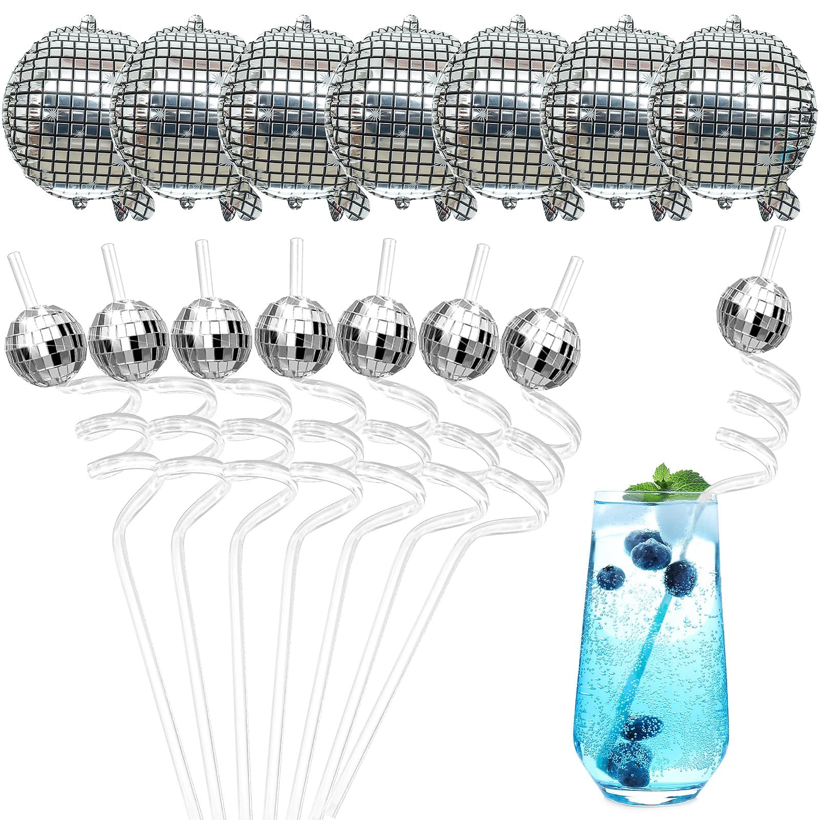 Tazweeq 40 Pieces 70s Disco Ball Straws, Mini Disco Straw Disco Balloon Decor, Silver Disco Ball Cups Birthday Party Decorations Decorations, for Dance Holiday Wedding Birthday Supplies, for Party