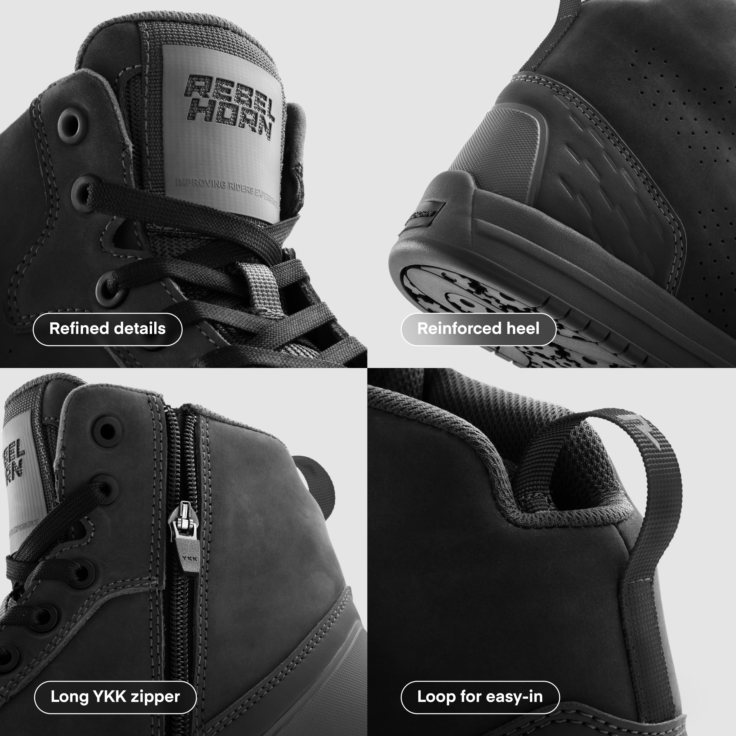 REBELHORN Spike Motorradstiefel Herren und Damen | Perforiertes Leder | Knöchel, Zehen und Fersenschutz | Langer Reißverschluss | Größen bis 48