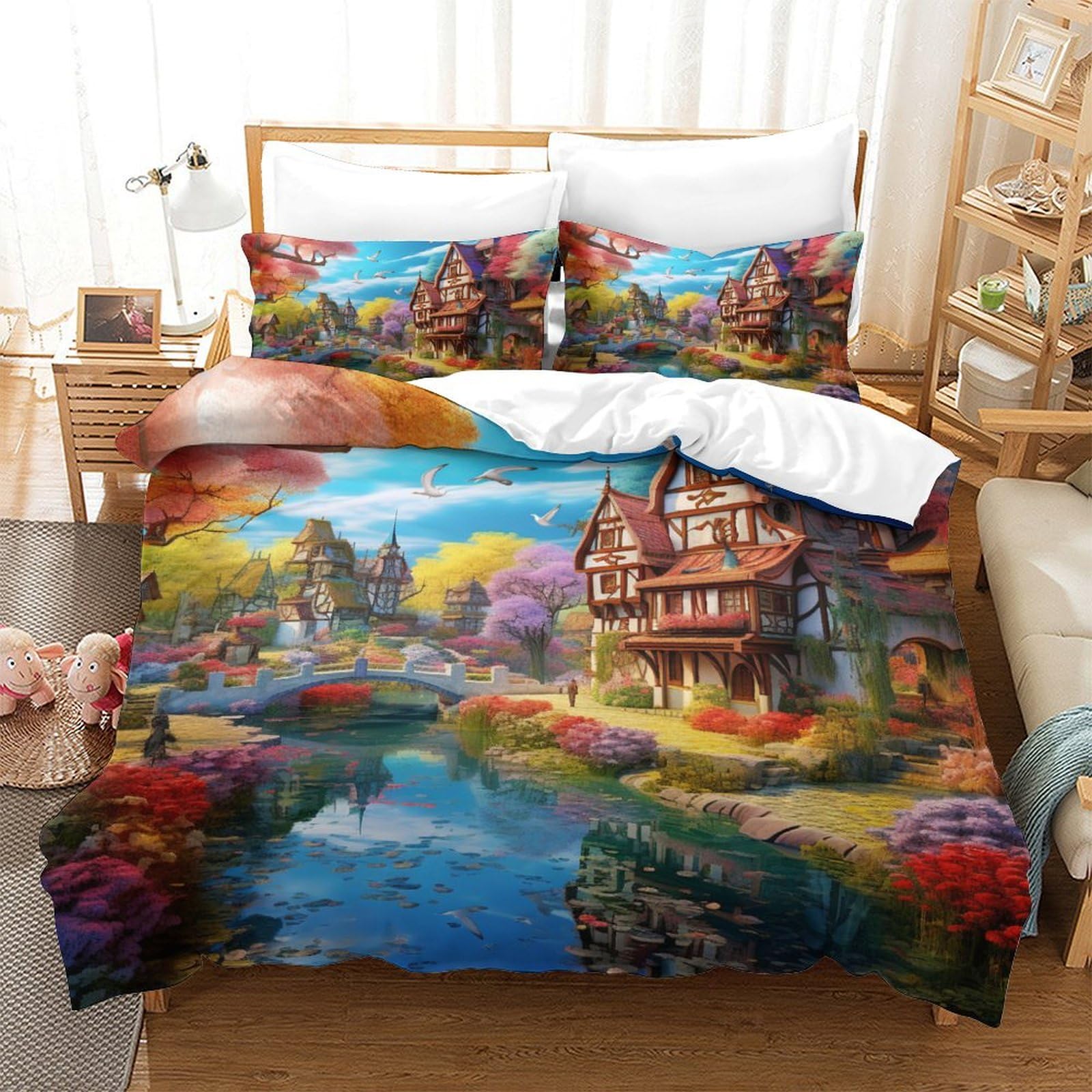 Housse de couette chalet de montagne 3D 220x240cm avec sa taie d'oreiller pour ado