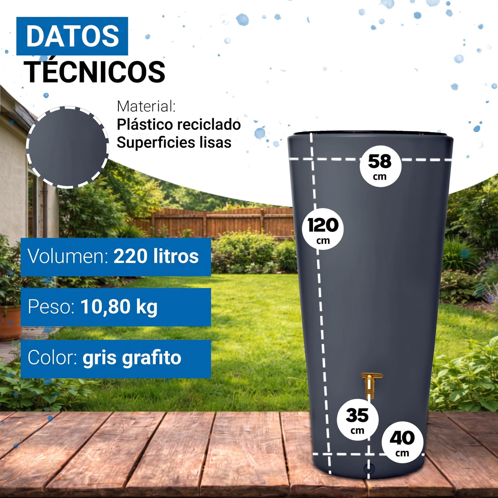 4rain Vaso 2en1 depósito de Agua de Lluvia 220 L Graphite Grey Incl. Grifo de plástico y conexión al bajante - riego sostenible - decoración integrada extraíble - conexión automática filtrante | Incluye grifo de plástico y conector para bajante, barril de