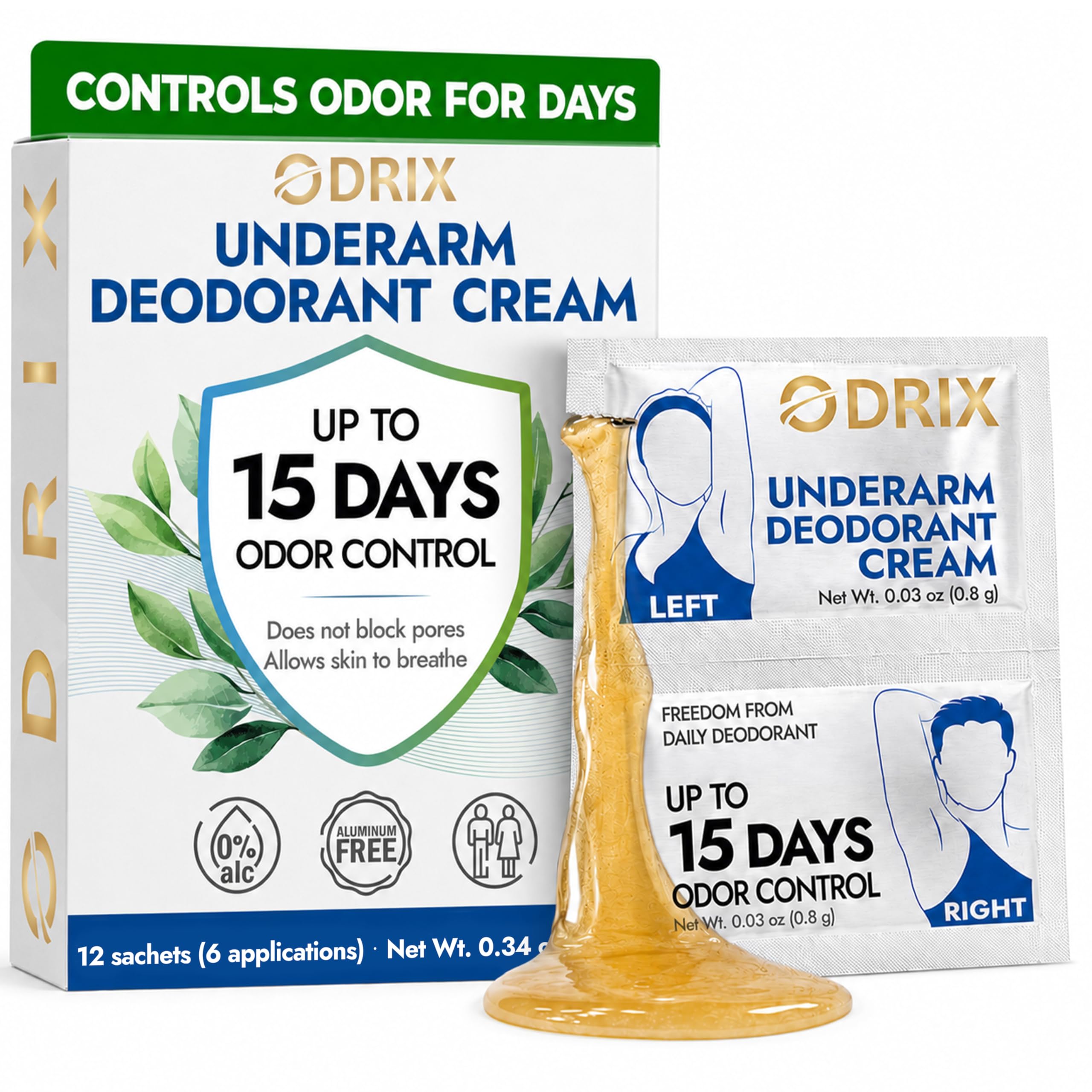 ODRIX Natural Deodorant for Women & Men, Up to 15 Days Odor Control – Aluminum Free Deodorant Cream Sachets, Travel Size, Apply Once, No Baking Soda, Sensitive Skin – 12 Count, 3-Month Supply