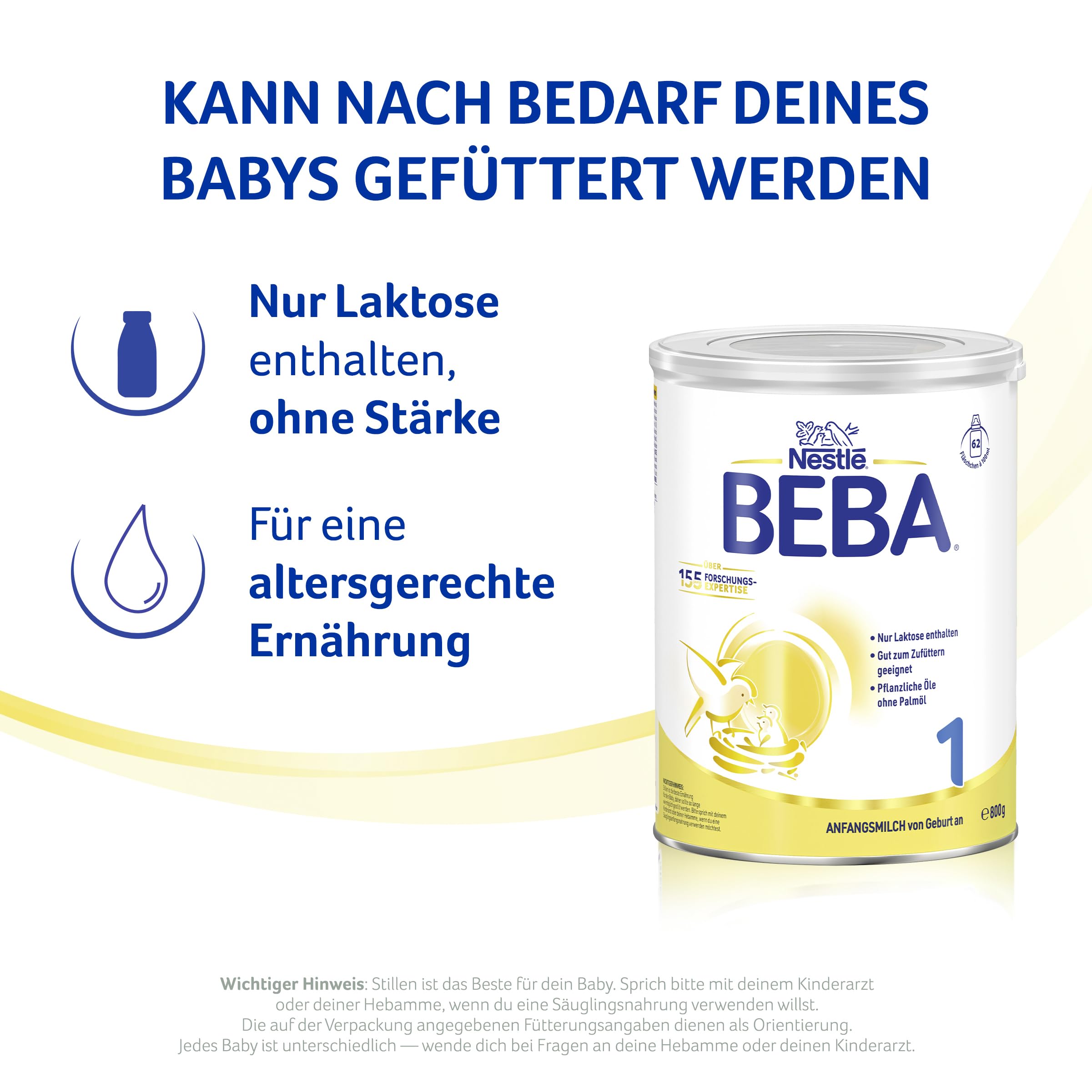 BEBA 1 - Anfangsmilch von Geburt an, Nur Laktose, Ohne Palmöl, Ohne Fischöl, Babynahrung, Baby-Milchpulver, 6er Pack (6 x 800g)