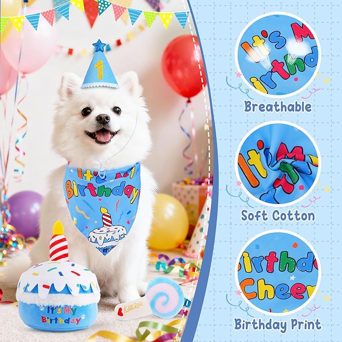 KIPRITII Set de Cumpleaños para Perros - Juguetes con Chirrido, Bandana y Sombrero miniatura 5