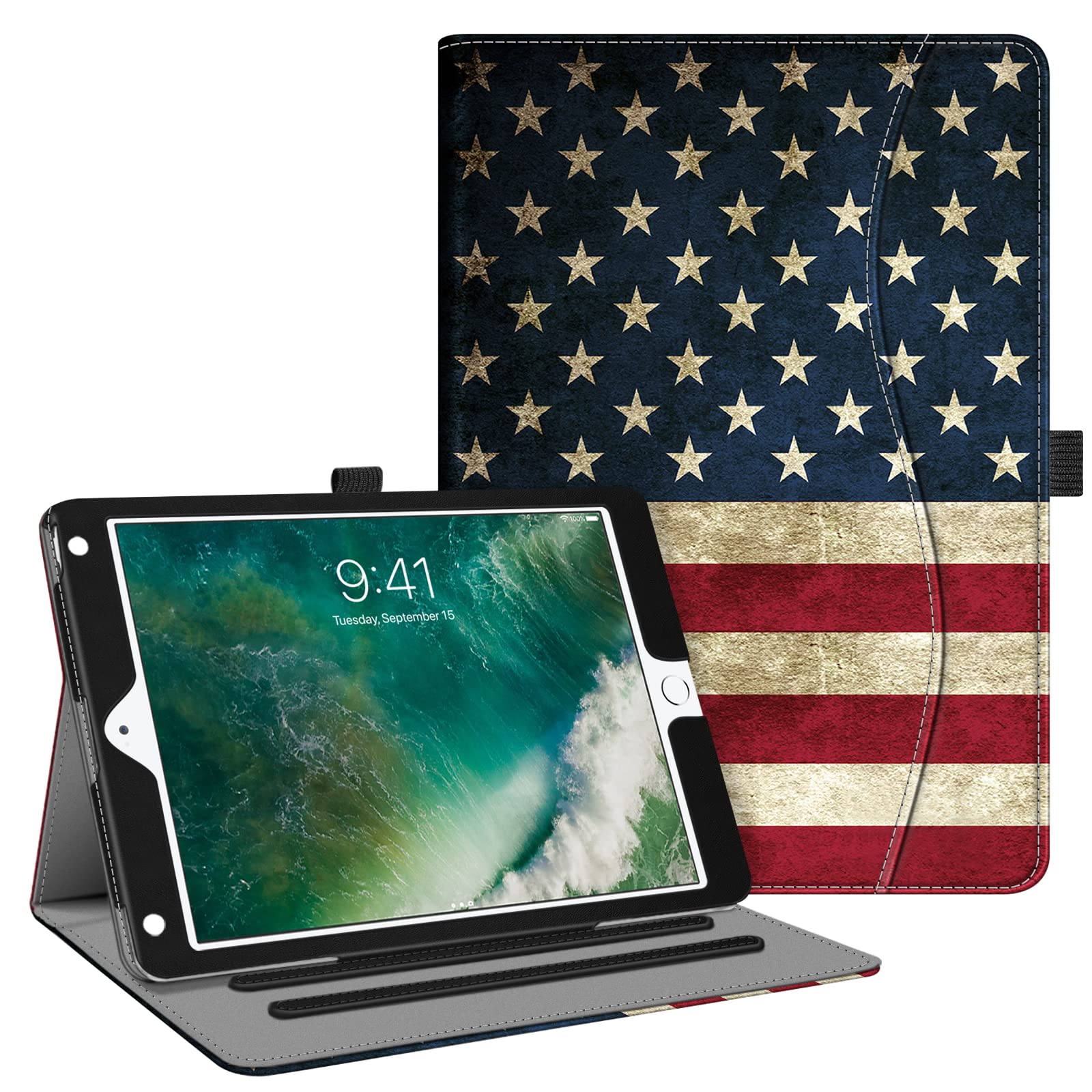 FintieCase for iPad 9.7 2018 2017 / iPad Air 2 / iPad Air - [Corner Protection] Multi-Angle Viewing Folio Cover w/Pocket Auto Wake/Sleep for iPad 6th / 5th Gen iPad Air 1/2 US Flag
