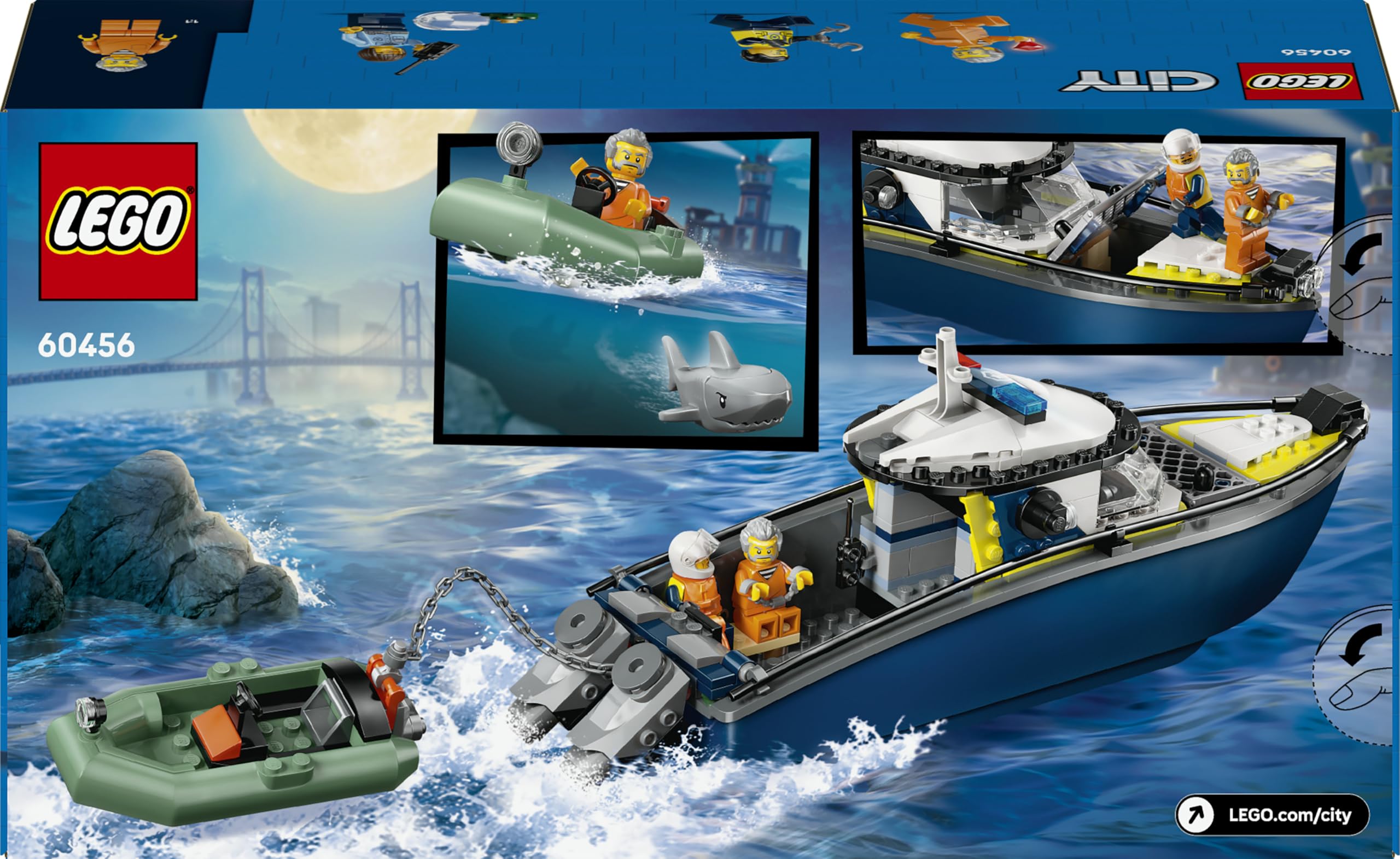 LEGO City Inseguimento del Motoscafo della Polizia – Include 2 Barche Giocattolo, 3 Minifigure e una Figura di Squalo – Regalo per Bambini e Bambine da 6 Anni in su – 60456