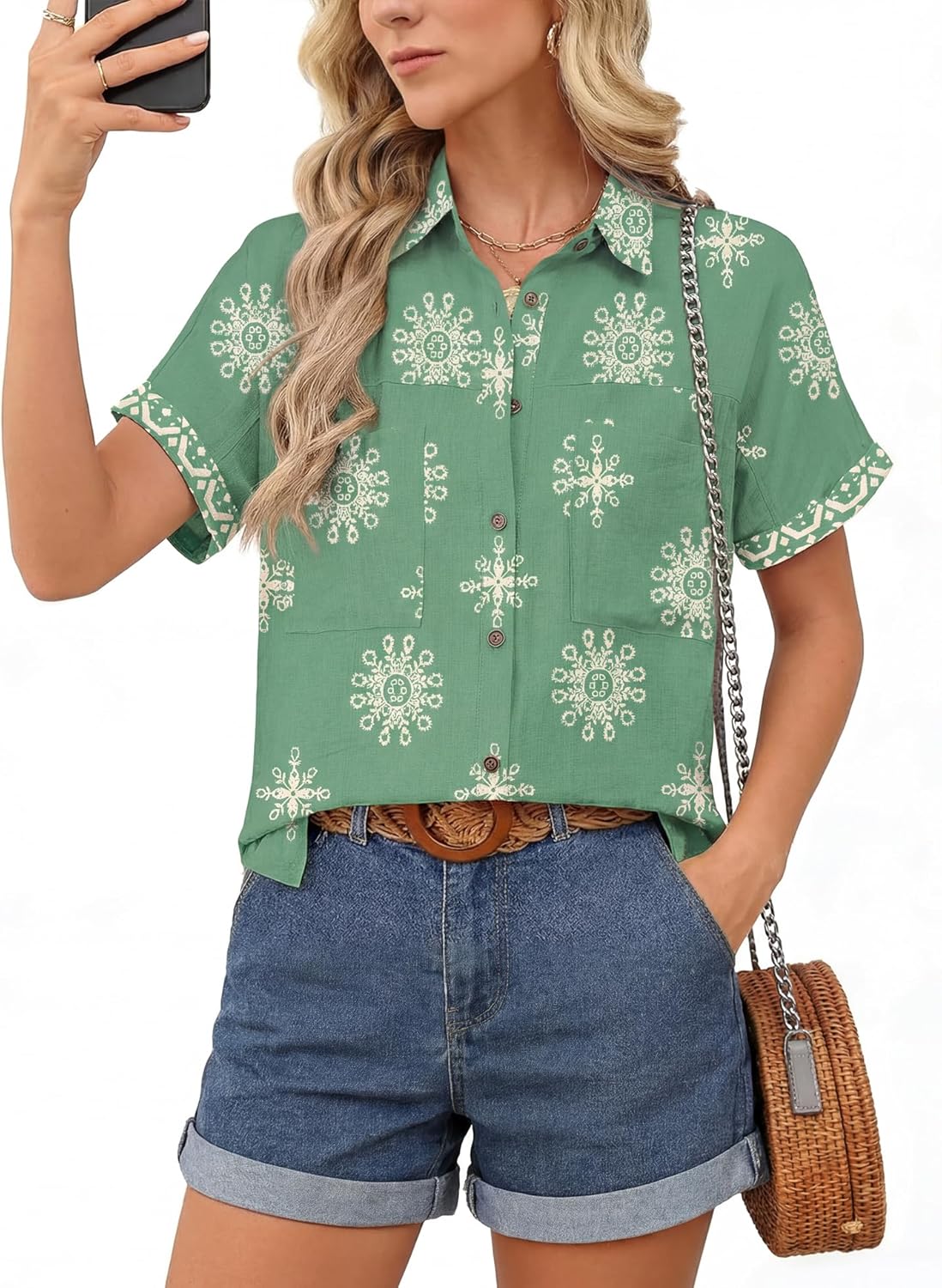Button Down Shirt for Women Short Sleeve Blouses Dressy Casual Business Work Summer Vacation Tops Hawaii Shirts with Pockets
