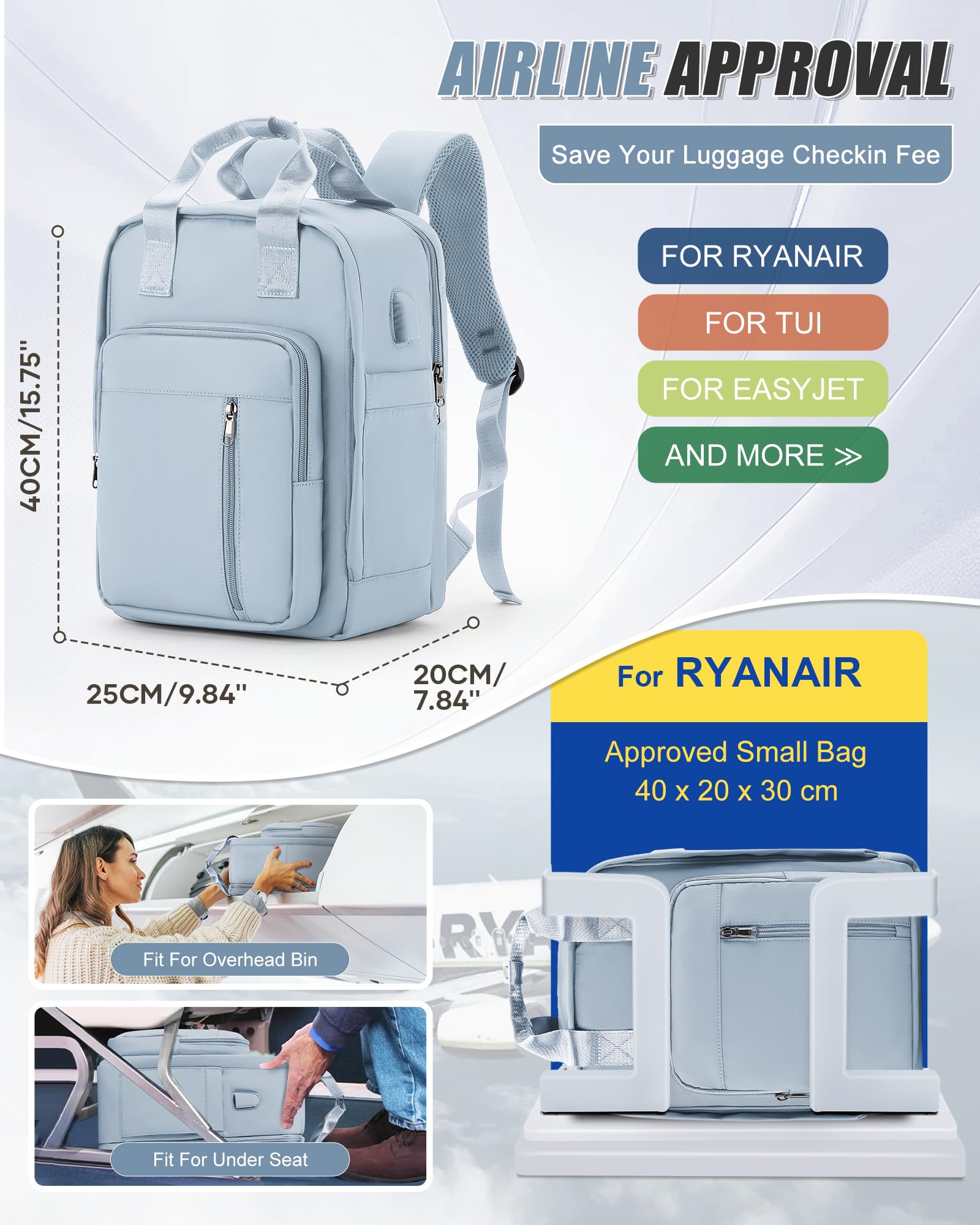 SZLX Zaino Ryanair 40x30x20 Sottovuoto Zaino da Viaggio 40x20x25 Bagaglio a Mano 40x30x20 Wizzair Donna Uomo Borsa da Cabina per Easyjet 45x36x20 Adatto a Laptop da 14 Pollici Impermeabile per Lavoro