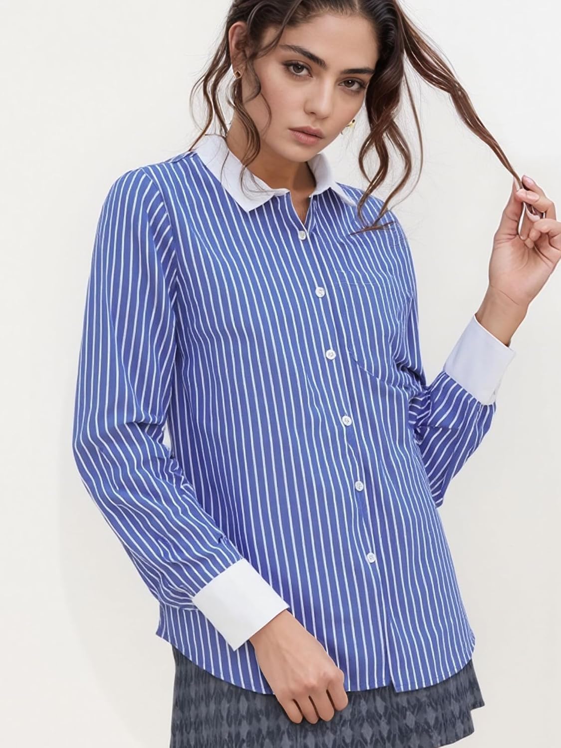 SUNNOW Women's Blue White Striped Long Sleeve Shirt Classic Pinstripe Button Down Business Casual Blouse with Contrast Collar - Image 2