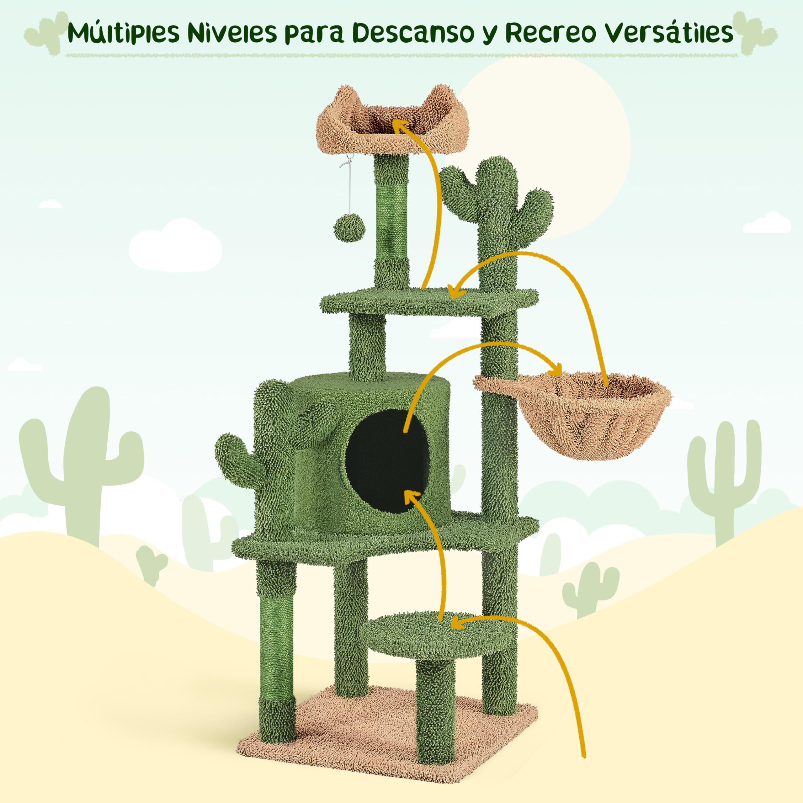 Yaheetech Árbol Rascador para Gato con Plataforma Torre Escalador de Sisal para 2-3 Gatos Medianos Sala de Juegos para Mascotas de Actividades 135 cm Verde y Marrón