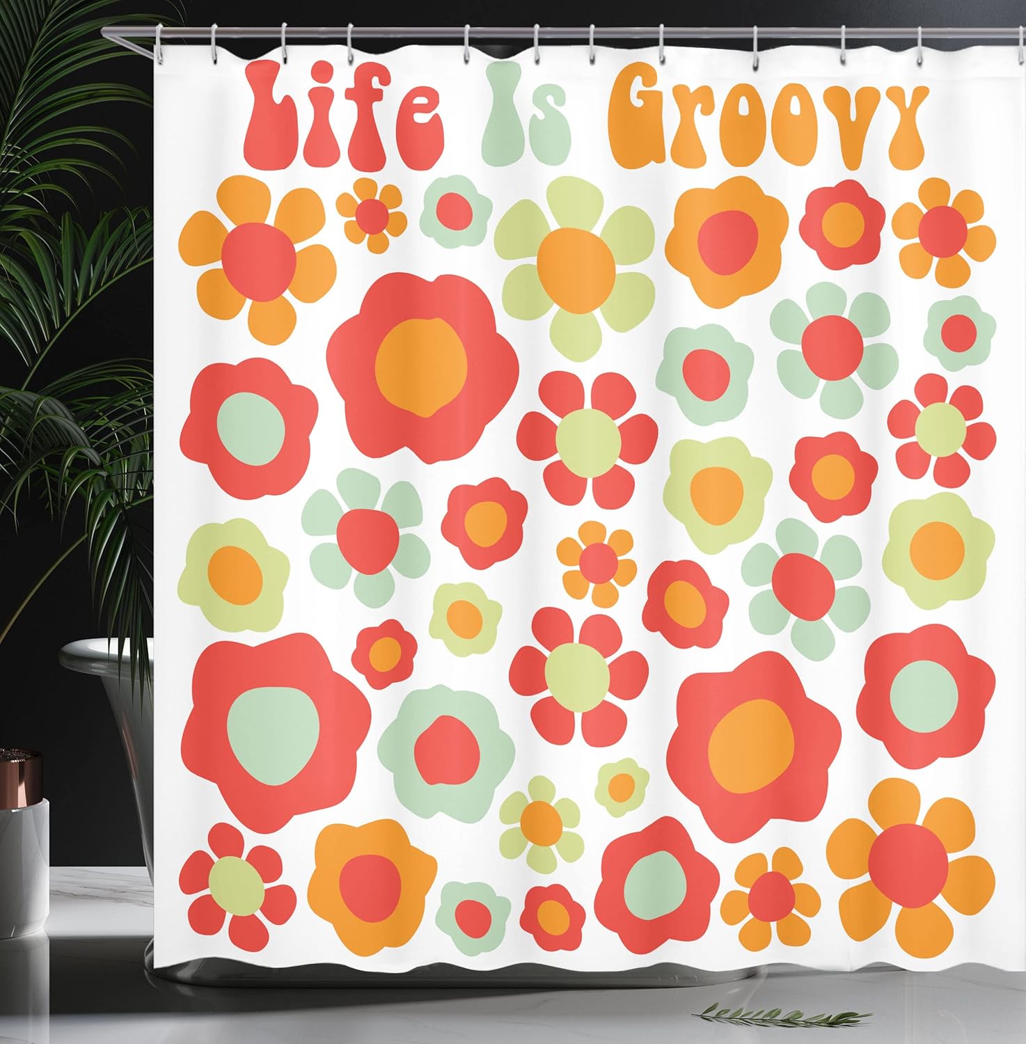 Ambesonne Groovy Shower Curtain, Goofy Life with Petals in Retro Colors with The Old Fashioned Style of a Revival Artwork, Fabric Bathroom Decor Set with Hooks, 69" W x 70" L, Mint Green Orange Red