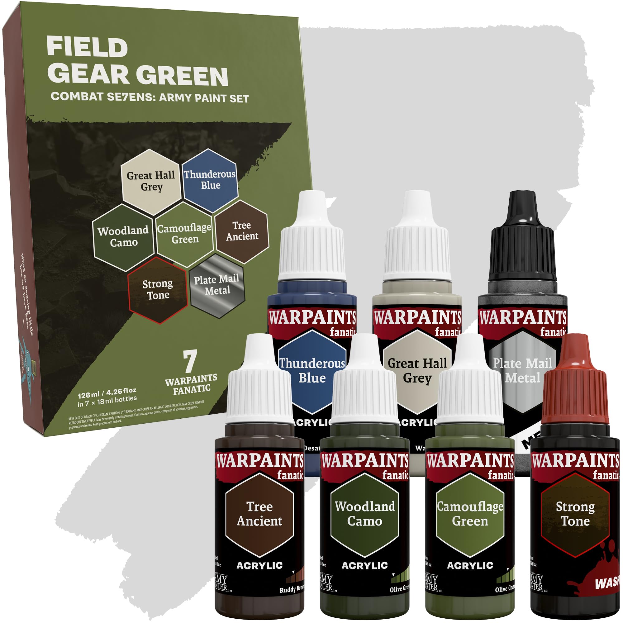 The Army Painter, Combat Se7ens: Field Gear Green, 7 x 18 ml Warpaints Fanatic: 5 Acrylic, 1 Wash, 1 Metallic, Perfect for Miniature Quality Hobby Paints for DnD & Warhammer Figures