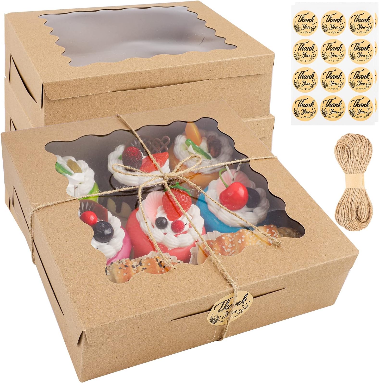 Ruisita 15 Pack Cookie Boxes Bakery Pie Boxes, Large Kraft Cookie Boxes, with PVC Window for Pie and Cookies Boxes Small Natural Craft Paper Box, 22 x 22 x 6.5 cm, Kraft