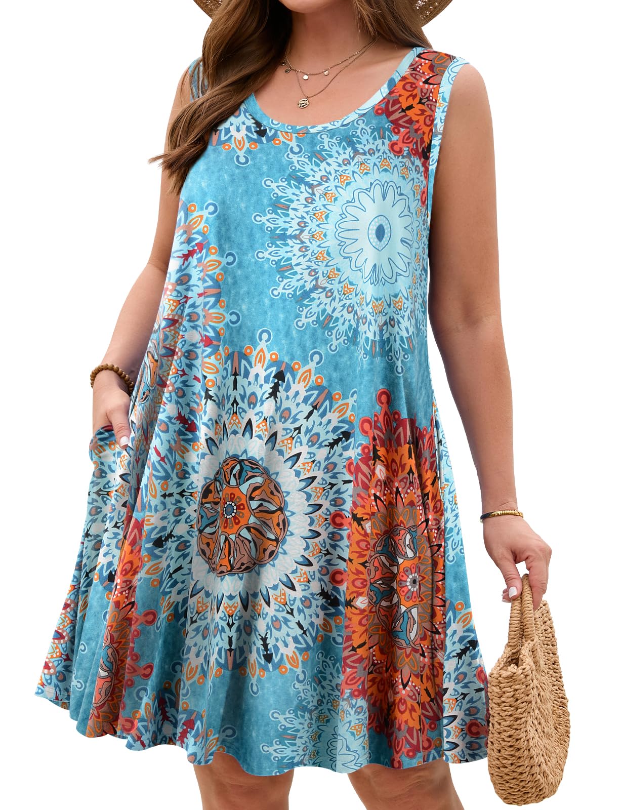 JollieLovin Women Plus Size Curvy Summer Tank Sun Dresses Sleeveless Causal T-Shirt Dress Beach Swing Cover up(L-5X)