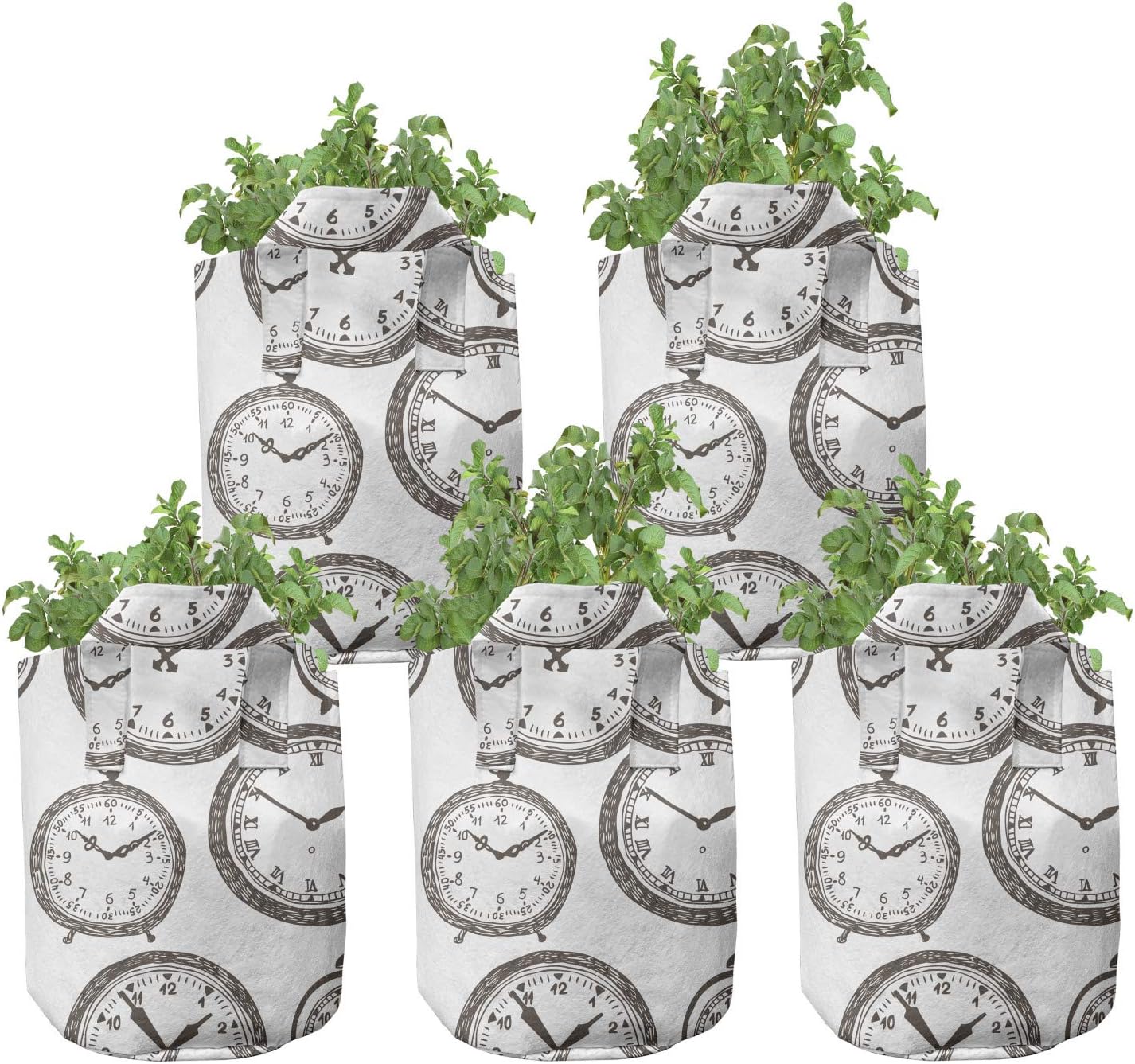 Lunarable Clock Grow Bags 5-Pack, Antique Pocket Watches Sketch, Heavyduty Fabric Pots with Handles for Plants, 7 Gallon, Brown White